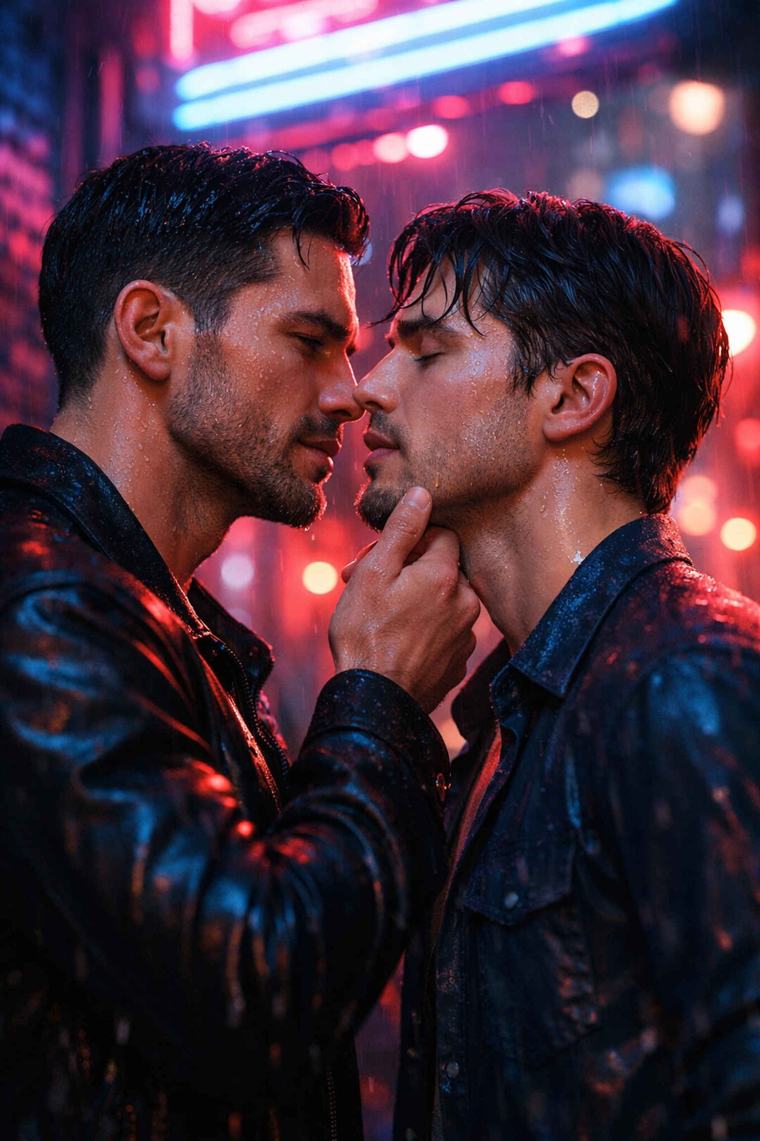 Romantic slow burn MM romance moment between two men under neon city lights.