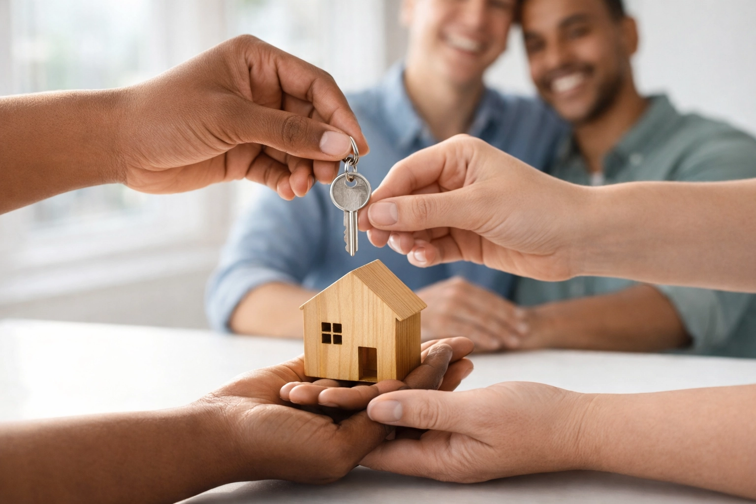 Family hands holding a wooden house model, symbolizing a gifted down payment for an Alberta first-time home buyer.