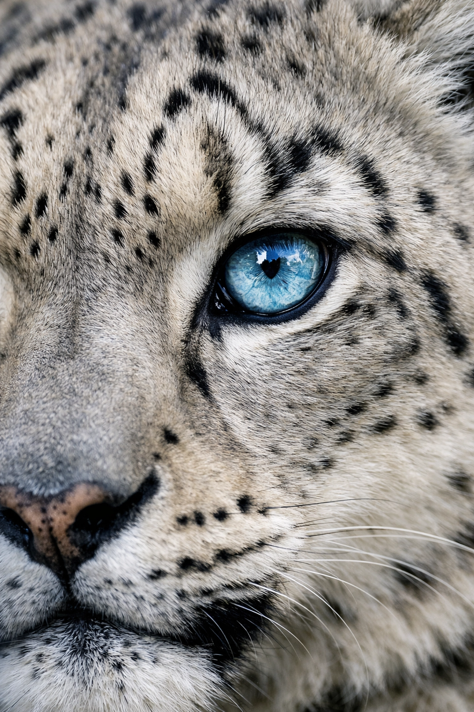 Close-up of a snow leopard's eye highlighting sharp focus in professional zoo animal photography.