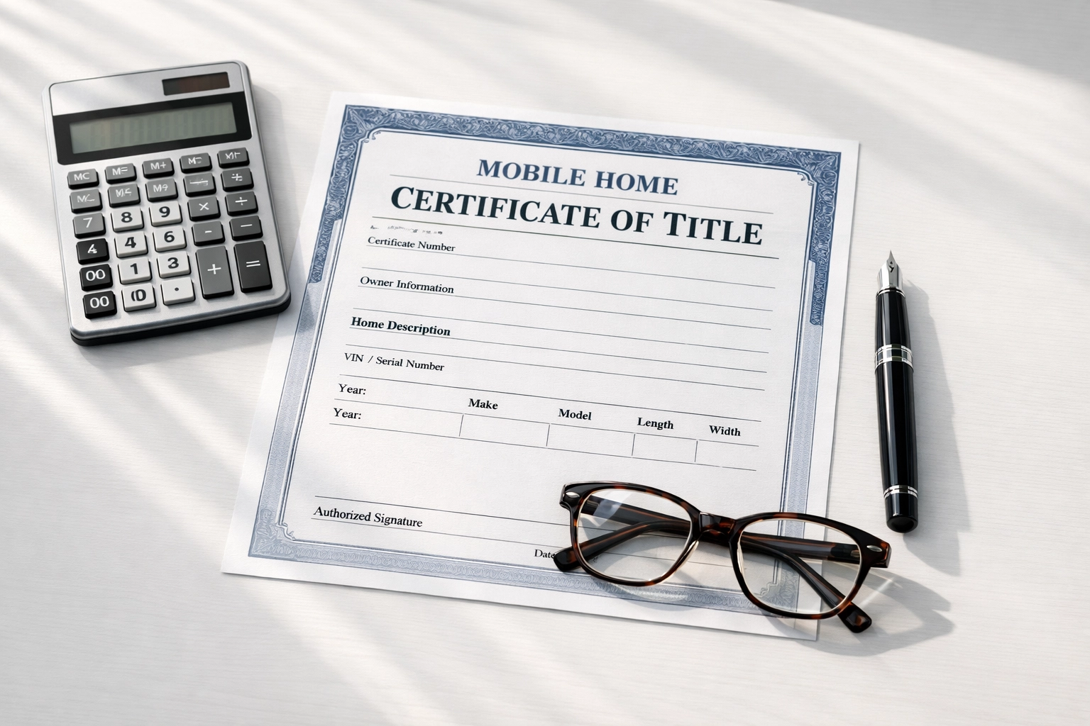 A Mobile Home Certificate of Title and calculator on a desk, representing investor due diligence.