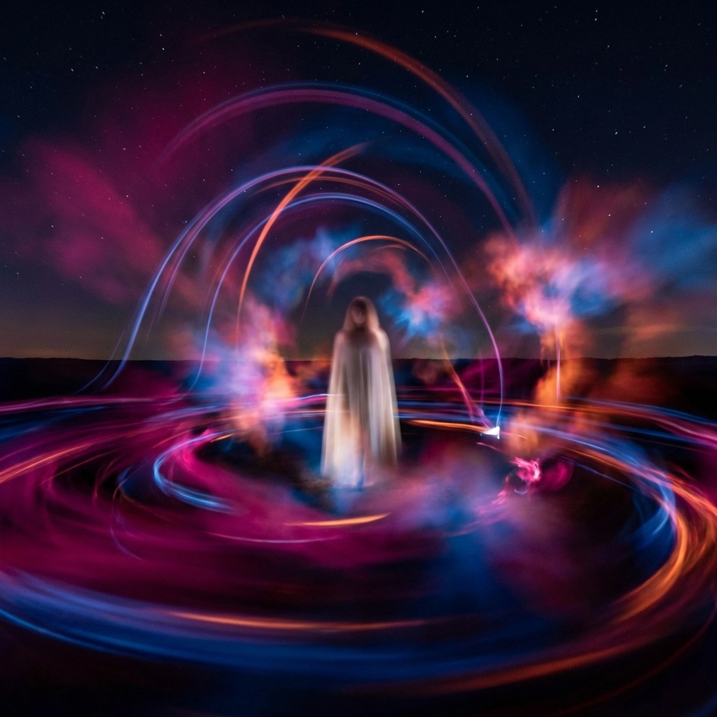 A peaceful figure witnessing chaotic light trails, symbolizing a nervous system reset and emotional regulation.