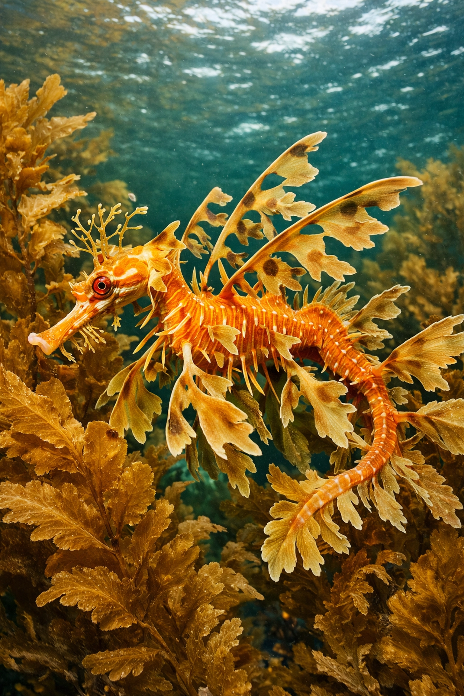 Detailed photo of a Leafy Seadragon camouflaged in kelp for an engaging species spotlight.