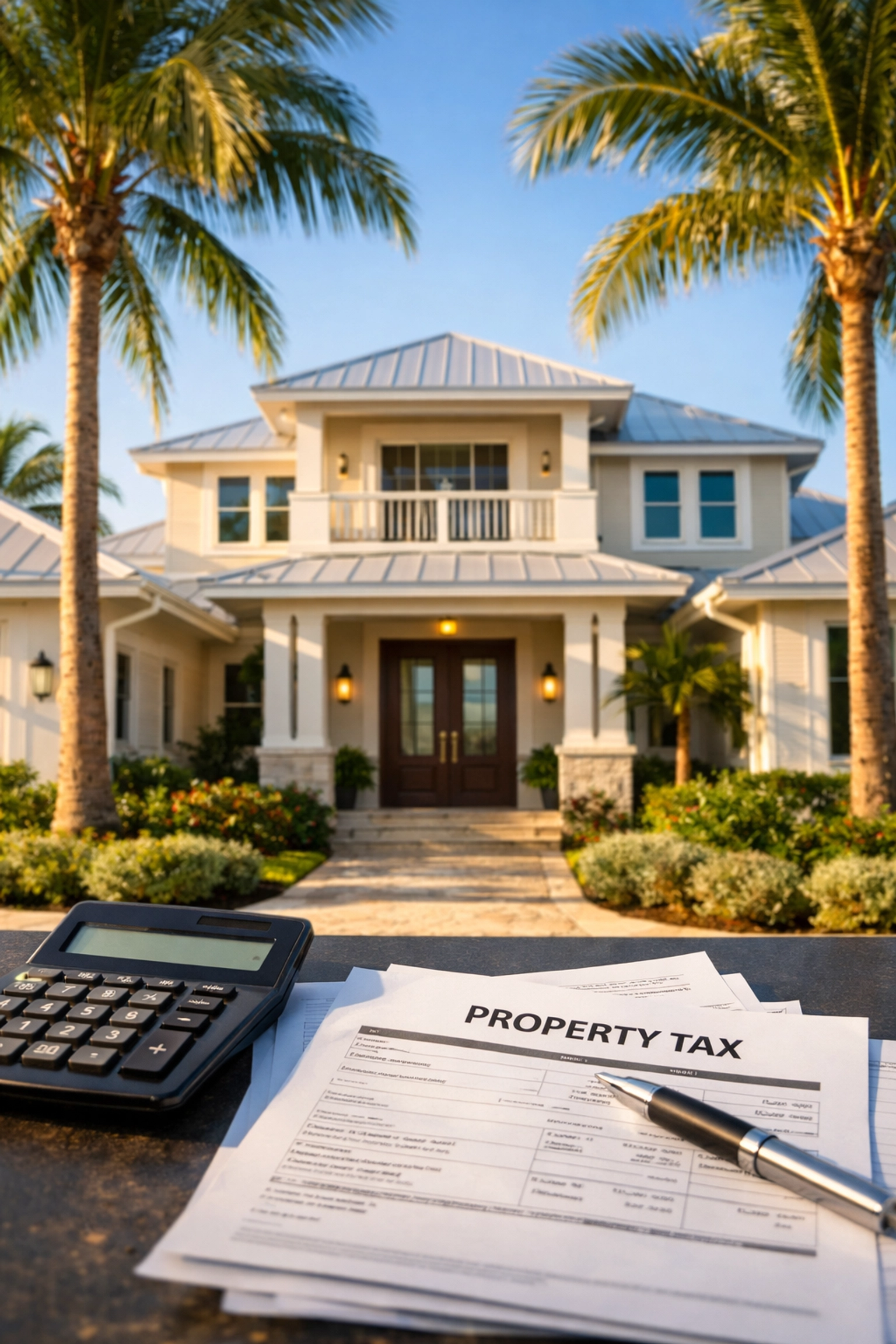 Florida home with palm trees and property tax documents for homestead exemption filing