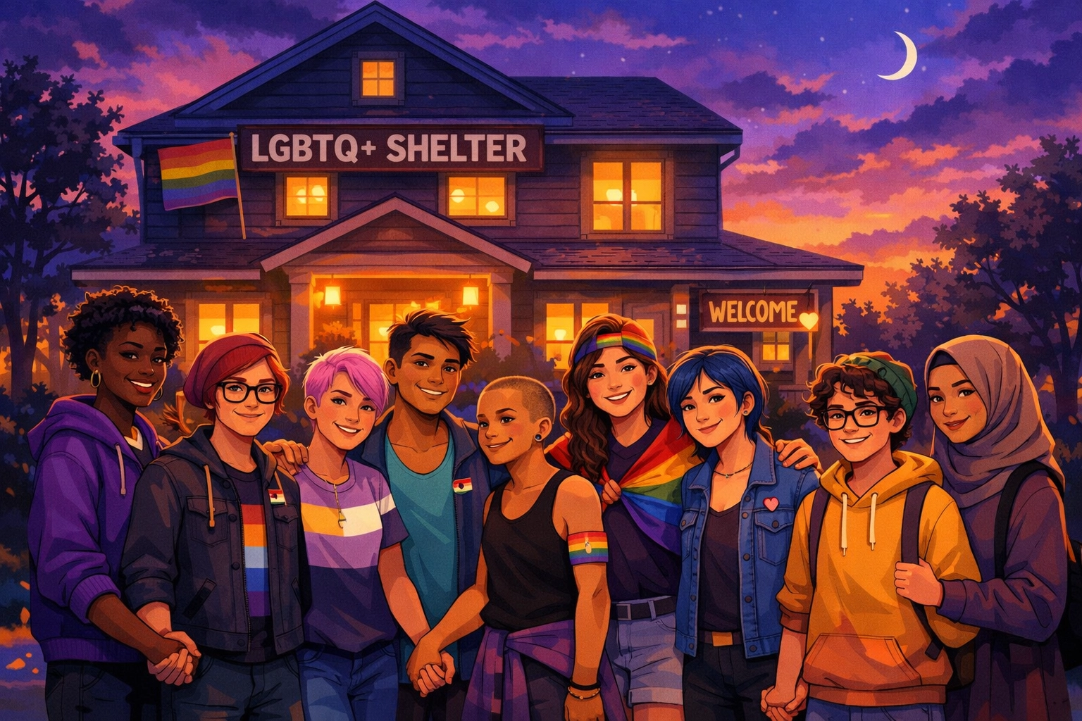 Diverse LGBTQ+ youth at True Colors United shelter representing hope and safe spaces