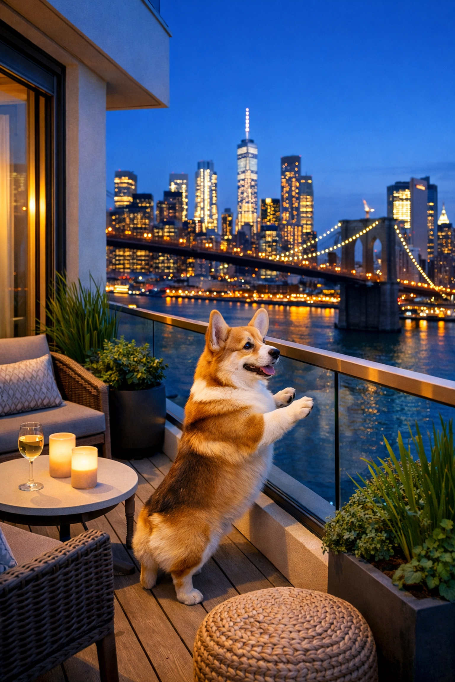 Corgi enjoying a view from a balcony overlooking the New York City skyline at night, with candles and a glass of wine on a table, emphasizing pet-friendly hotel accommodations with outdoor space.