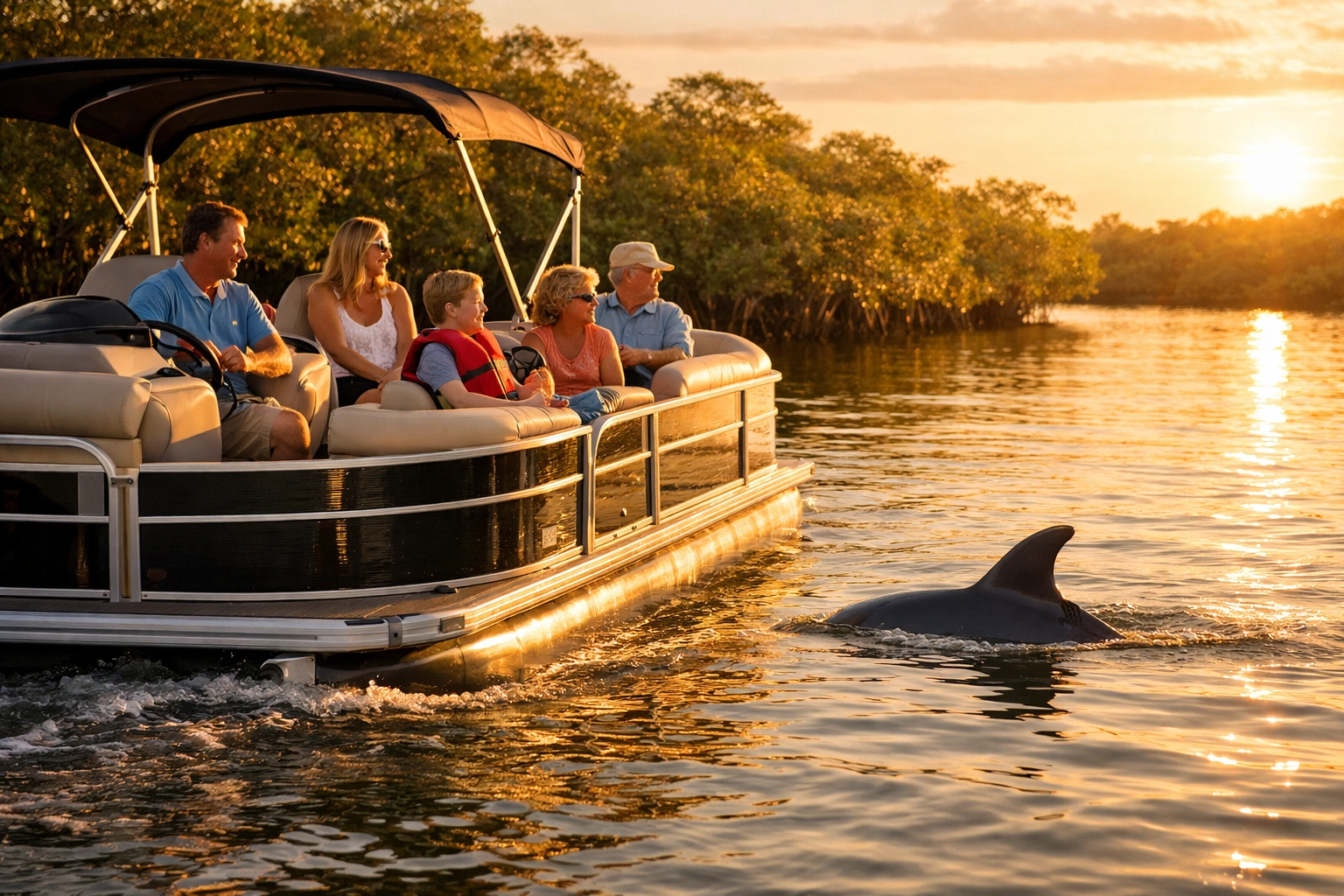 Family on a pontoon boat in Estero Bay, Bonita Springs, with a dolphin swimming near mangroves.