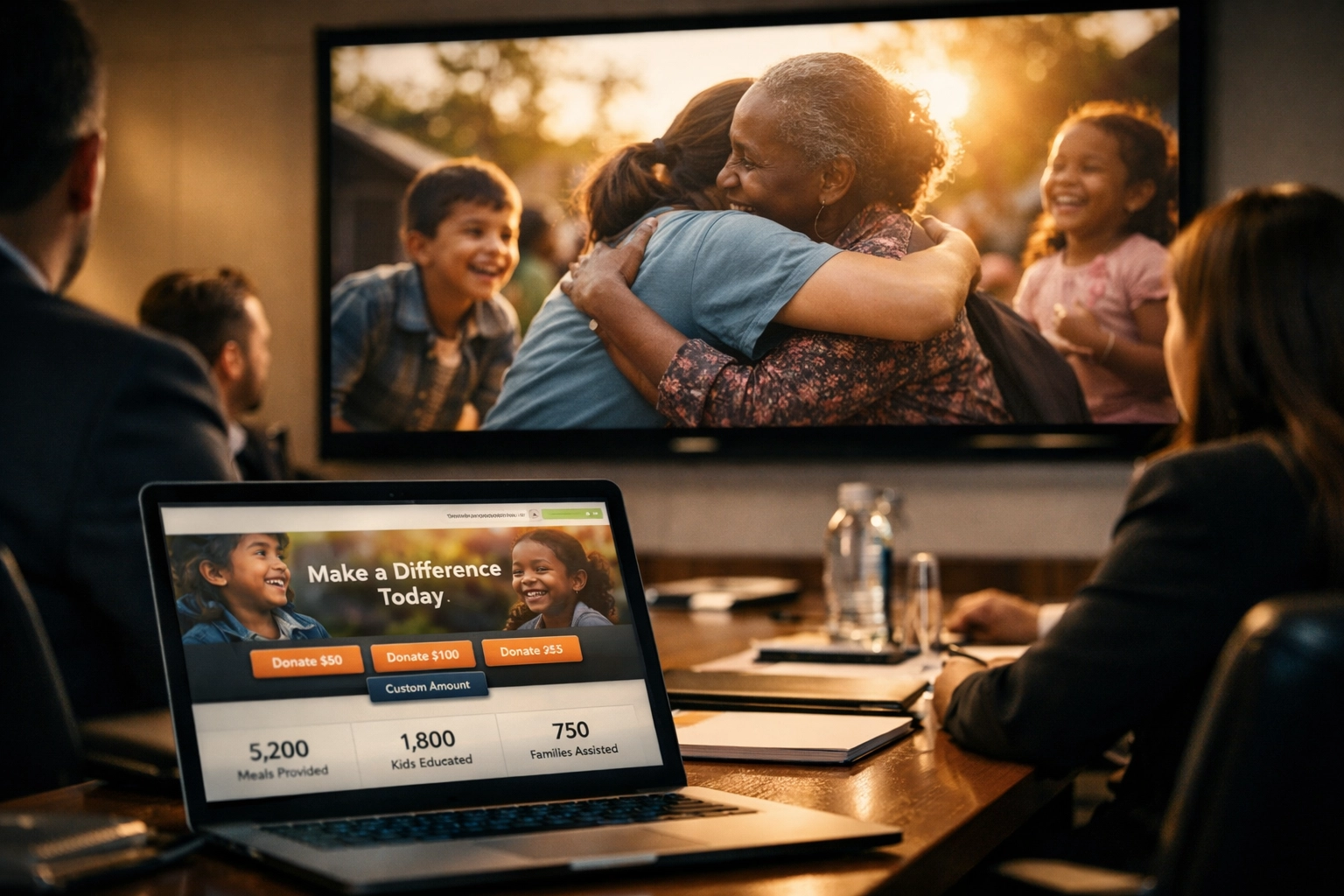 Nonprofit video presentation screen with optimized donation landing page in foreground