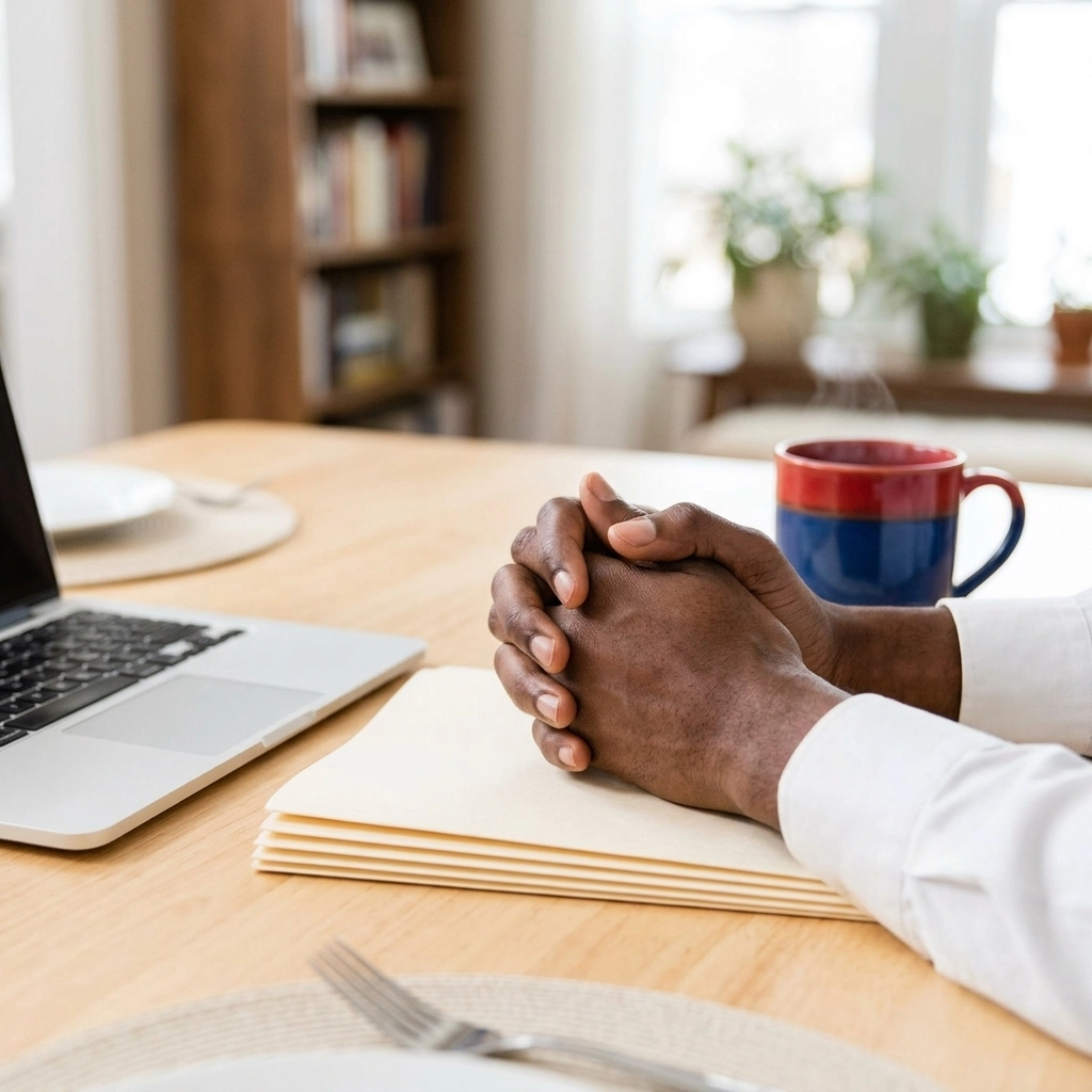 A close-up of a couple's hands held together over a table with visa application documents and a laptop, symbolizing their shared commitment.