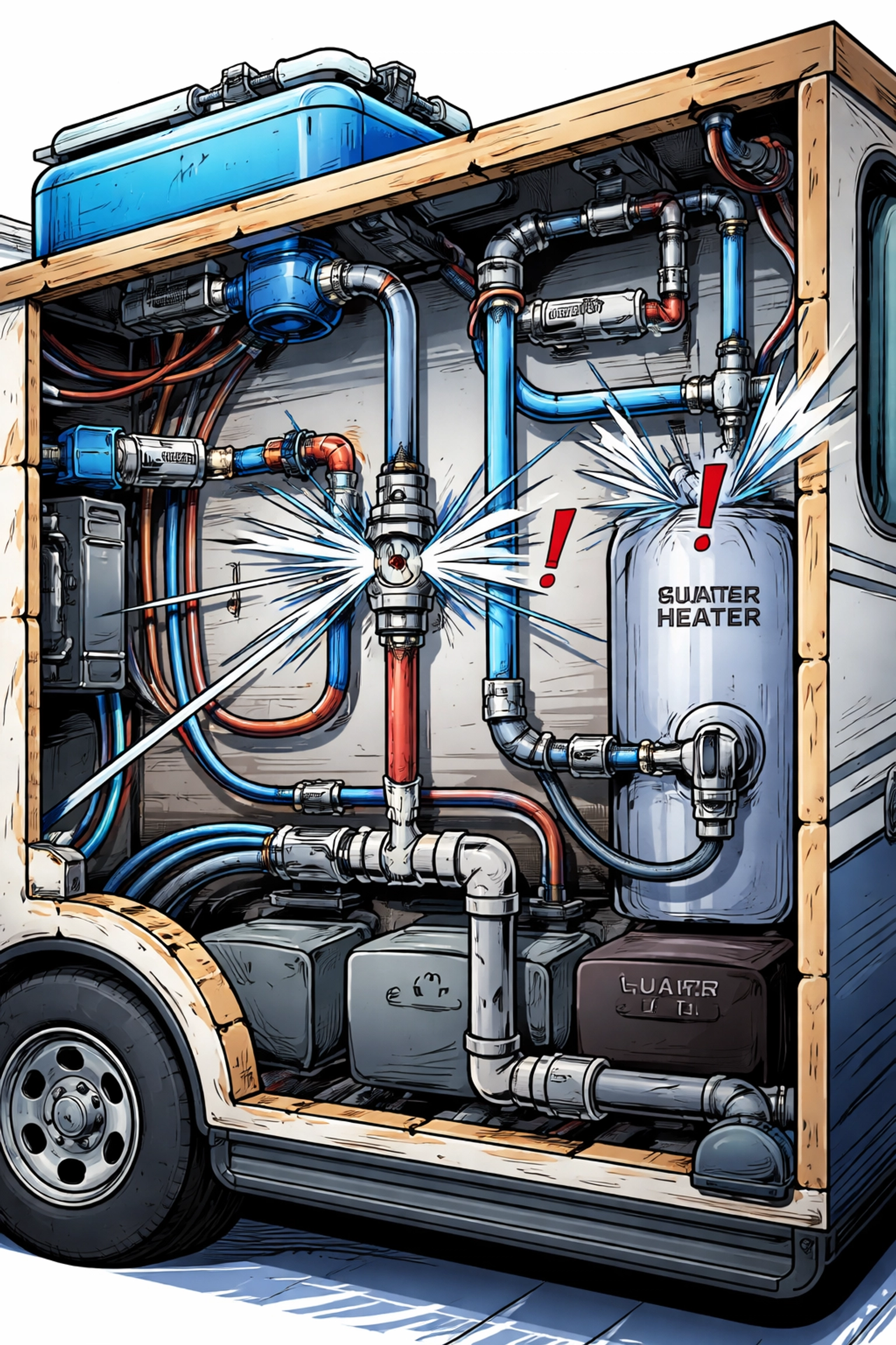 Cutaway illustration of RV plumbing under high water pressure, showing why an RV water pressure regulator is essential.
