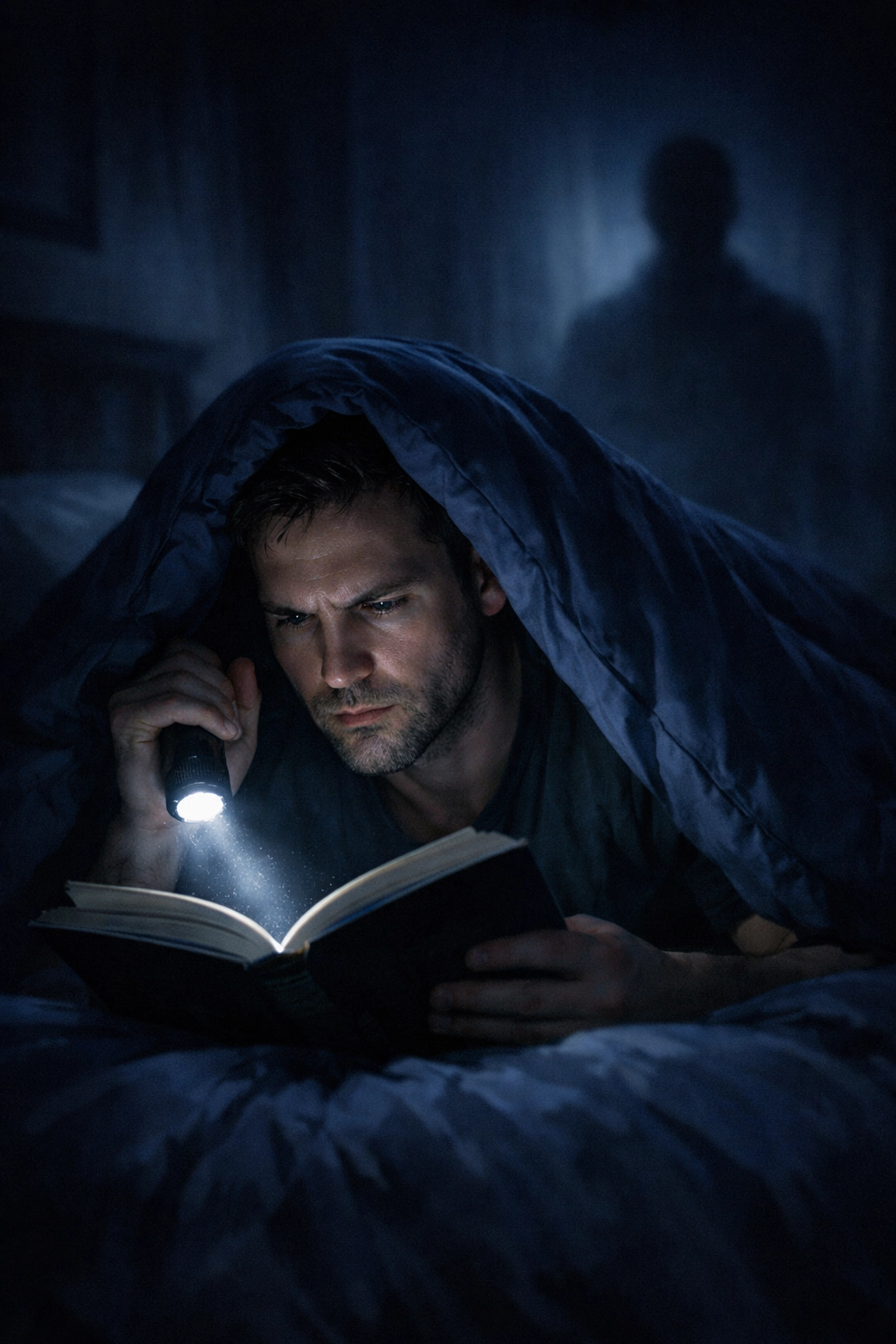 A man intently reading a suspenseful gay thriller book by flashlight under his covers at night.