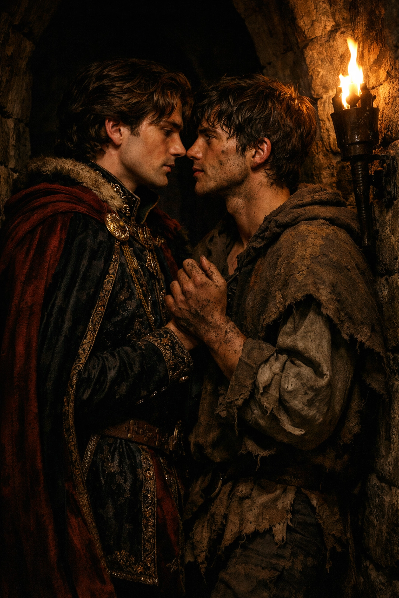 Knight and peasant secret meeting in medieval shadows - forbidden MM romance