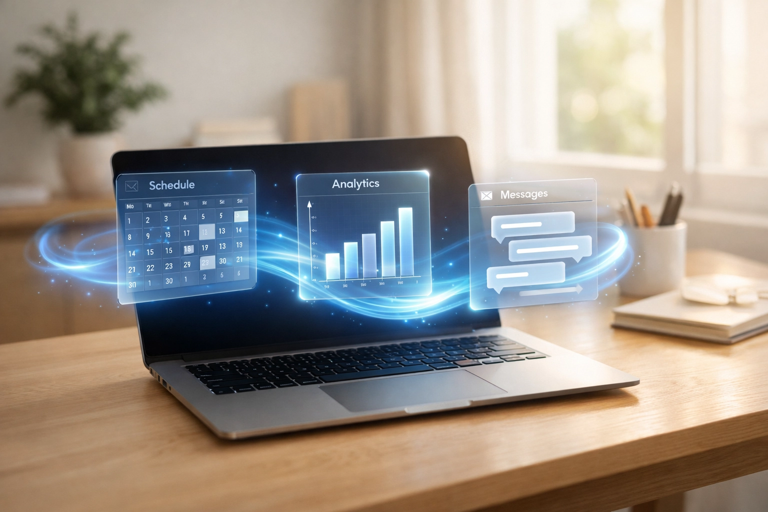 Espace de travail avec interfaces d'agent IA automatisant la gestion de projet et le reporting.