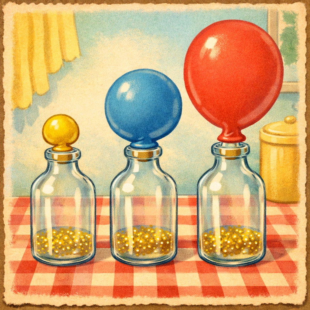Three bottles showing yeast balloon inflation stages from small to fully inflated