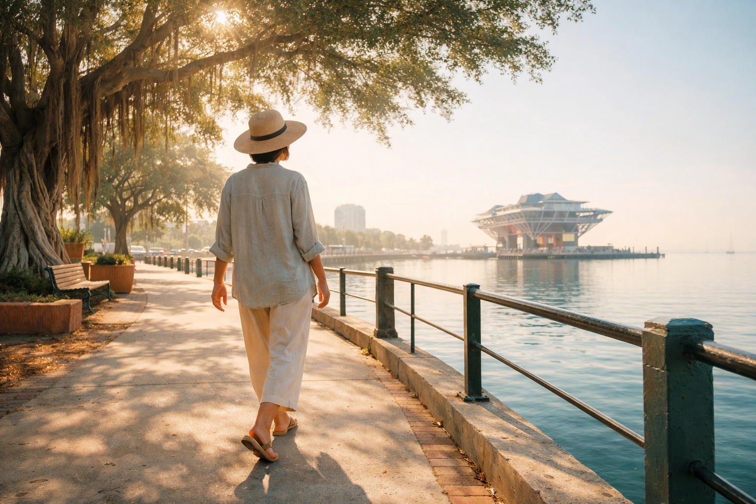 A revitalized person walking at the St. Pete Pier after successful stress and anxiety treatment.
