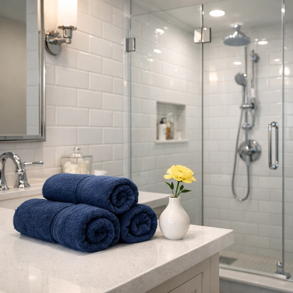 Sanitized master bathroom with sparkling tiles and fresh towels following recurring house cleaning in Shrewsbury, MA.