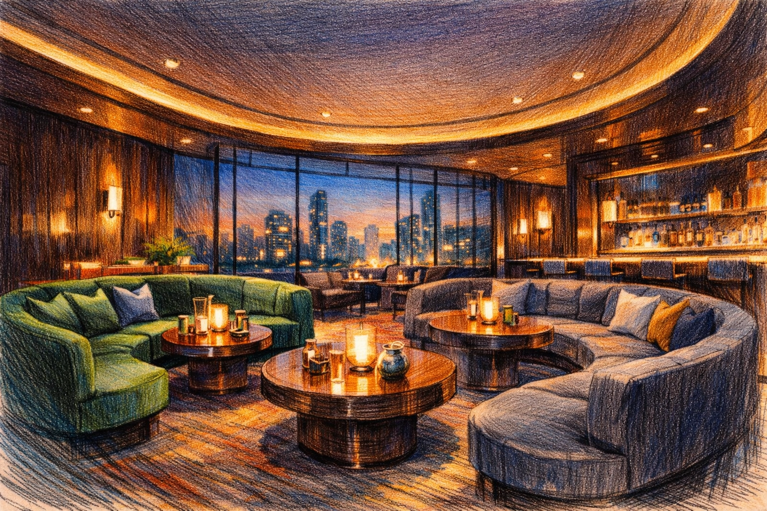Modern luxury hotel lounge with velvet sofas representing a shift in sustainable hotel architecture.