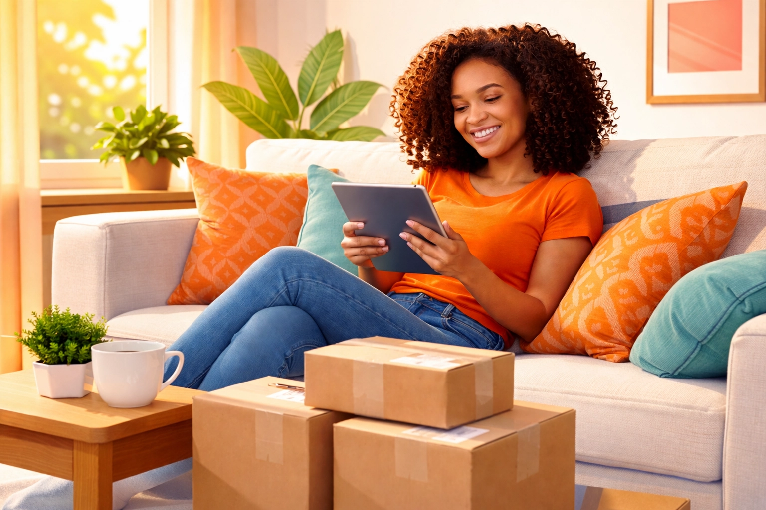 Happy shopper relaxing with delivered packages after finding the best online deals
