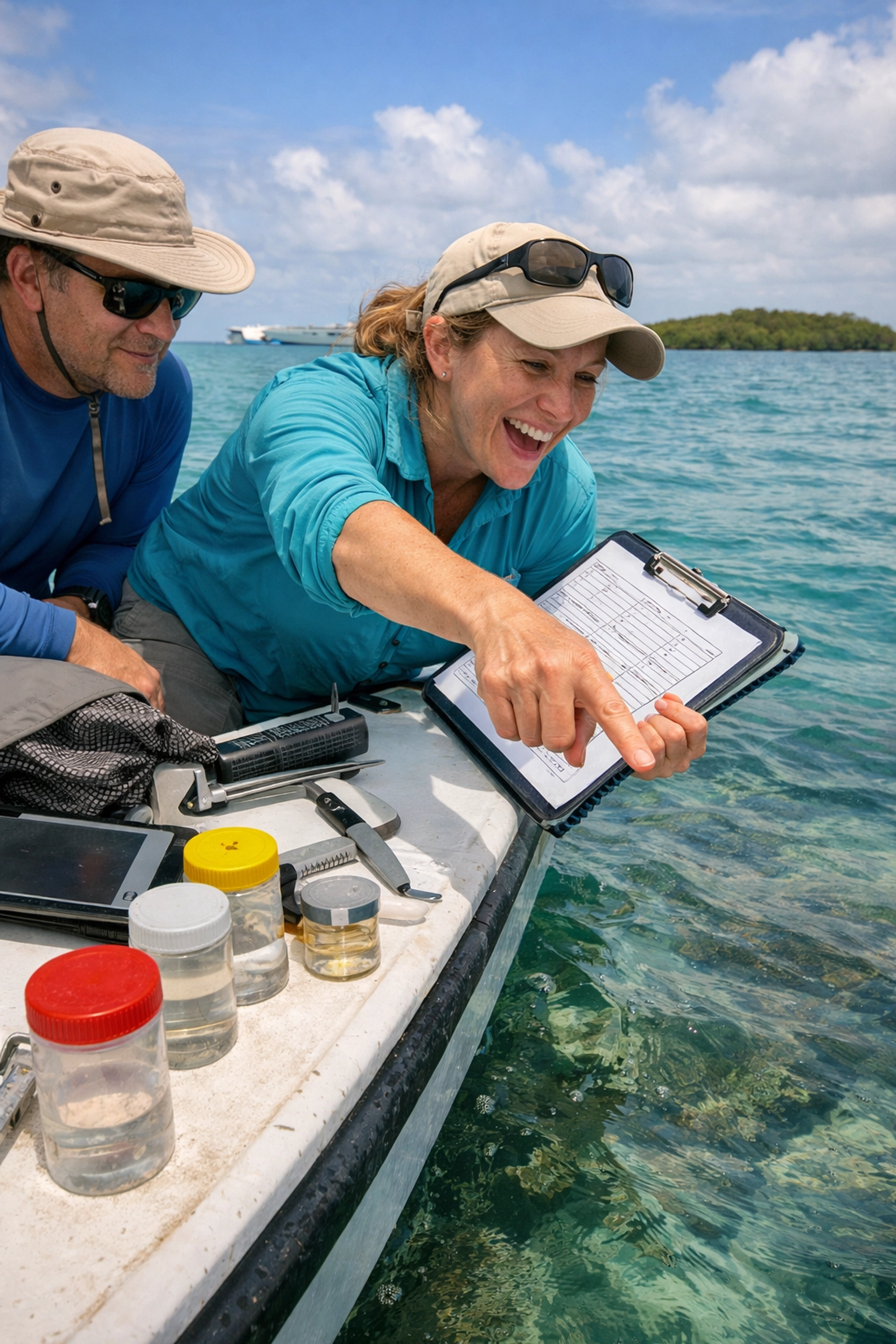 Teacher and marine scientist conducting reef survey on Florida Keys research vessel