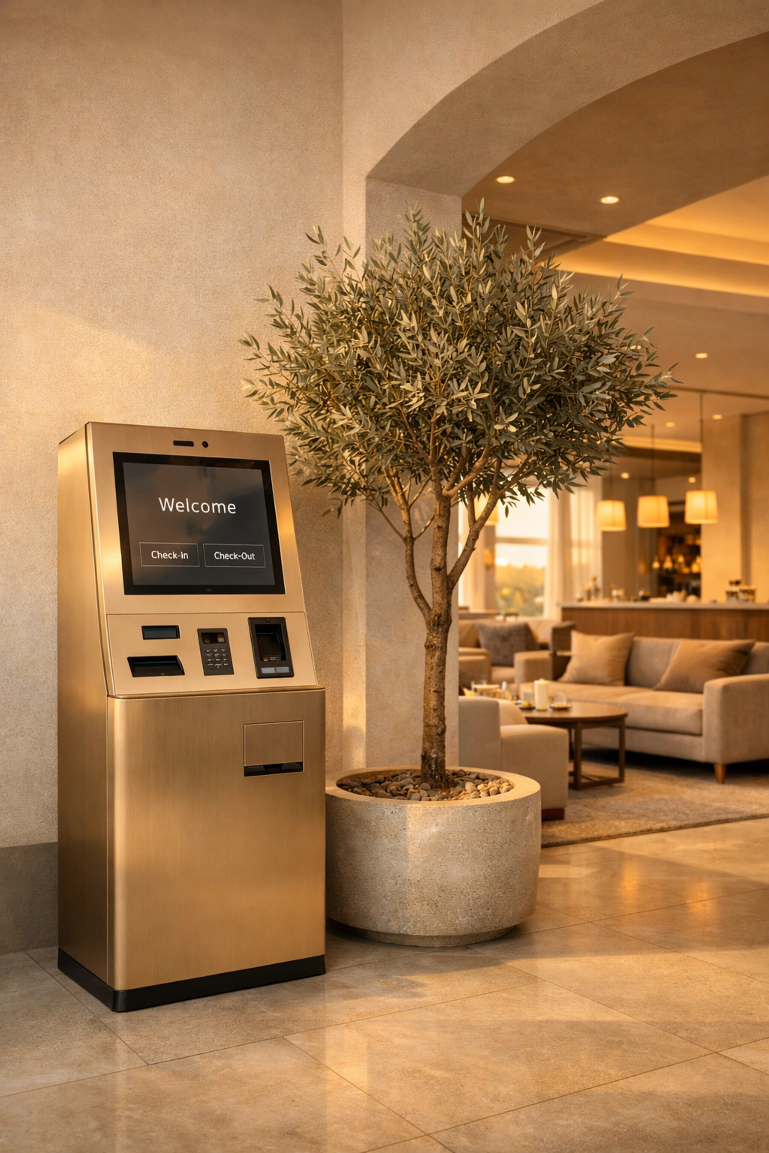 Sleek minimalist self-check-in kiosk in a modern hotel lobby with an indoor tree.