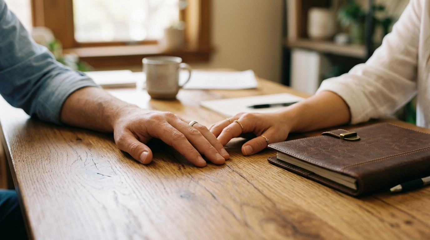 Hands resting on a wooden desk near a leather folder