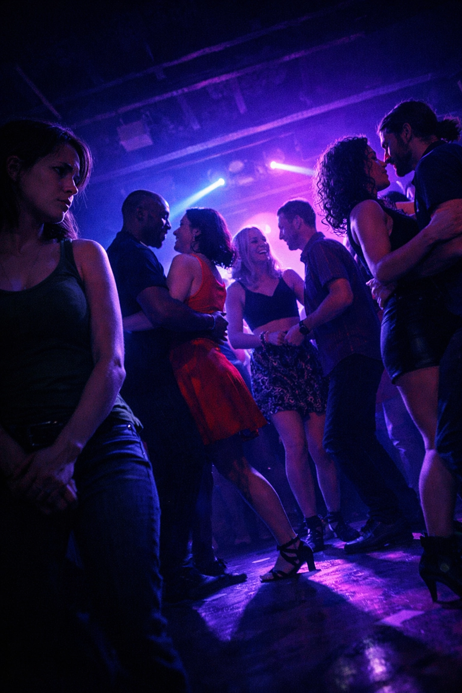 Beginner dancer isolated while experienced dancers form exclusive circle showing dance scene gatekeeping