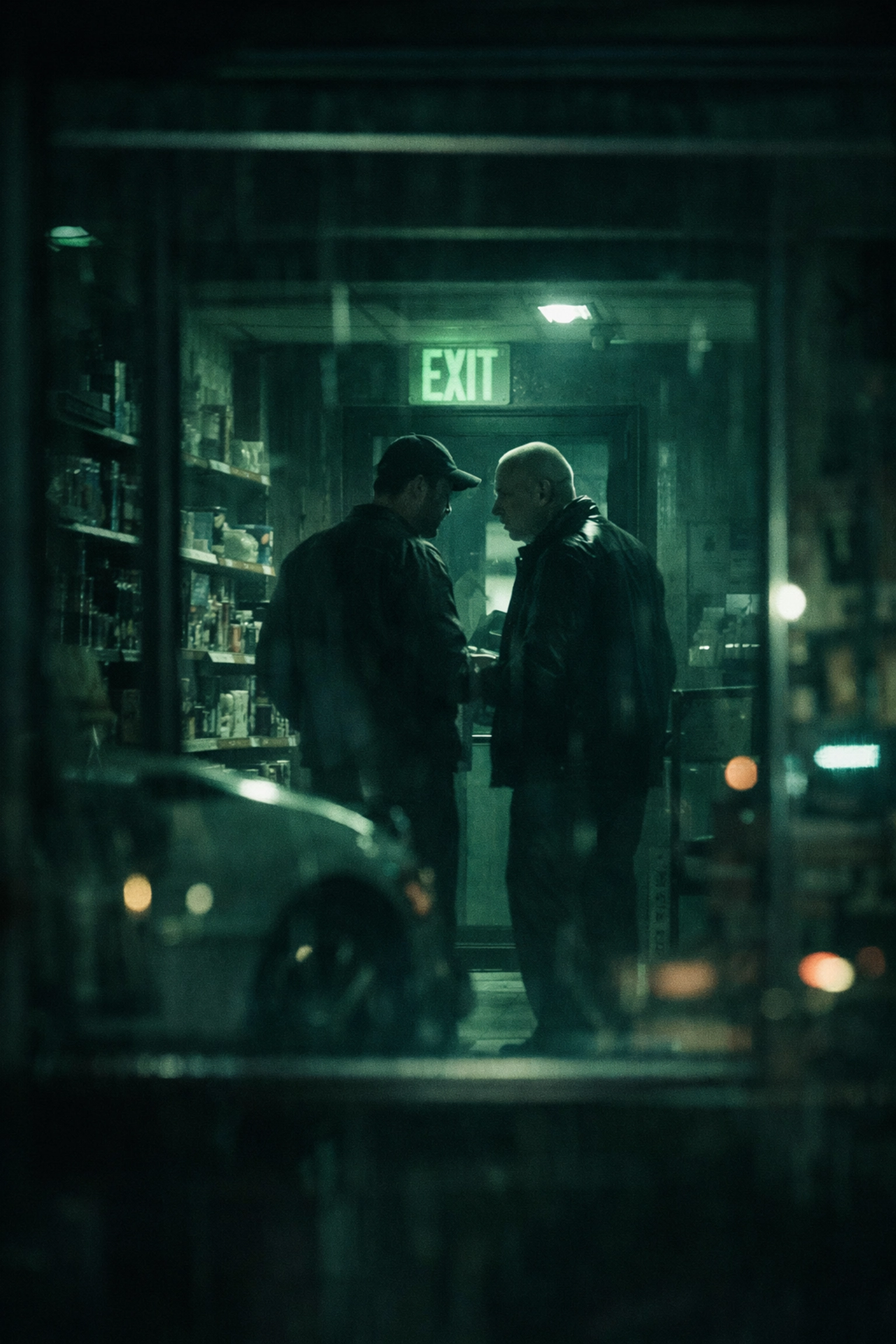 Two men in closed shop viewed through window at night, forbidden retail romance