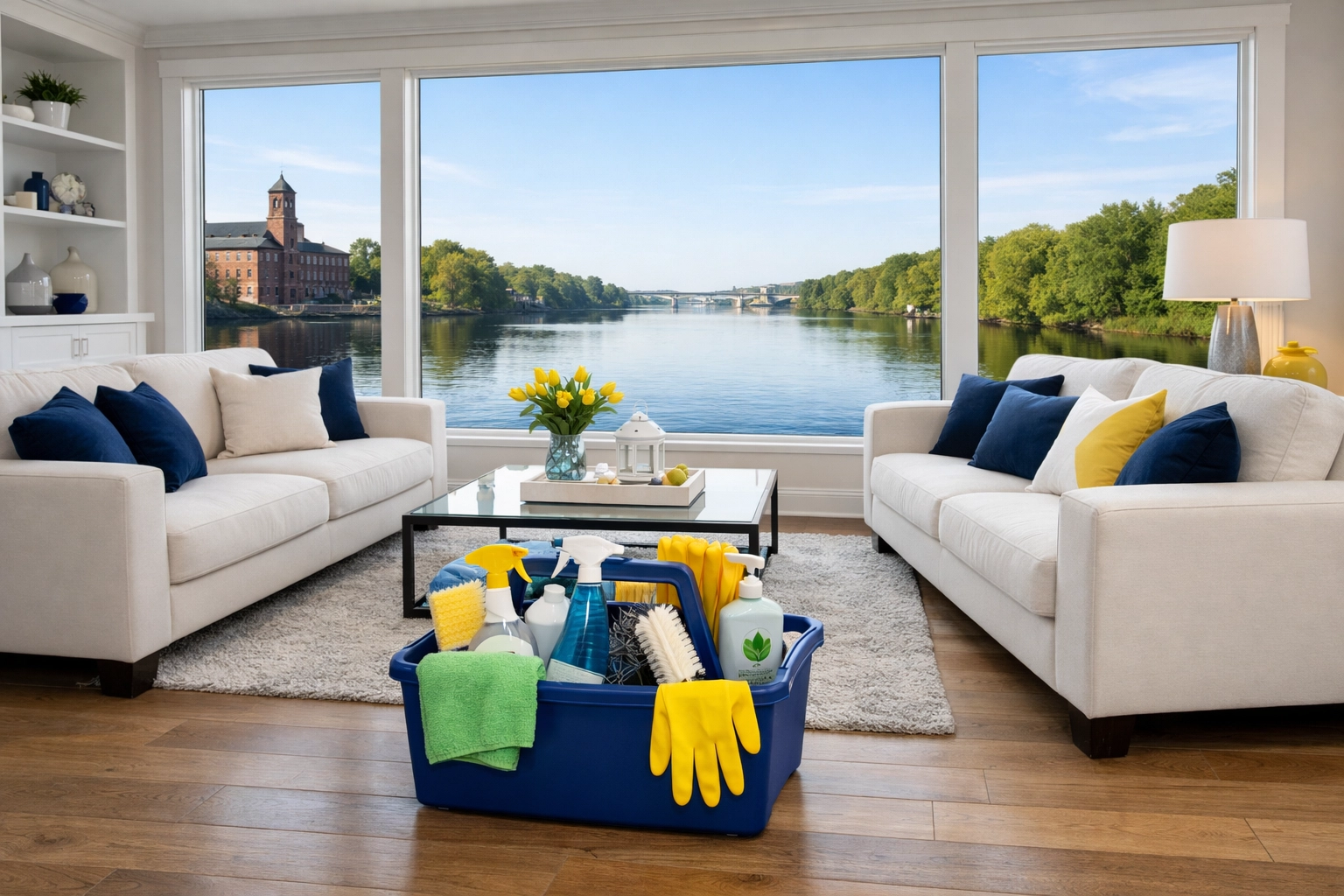 Professionally cleaned Lowell living room overlooking the Merrimack River after move-in cleaning.