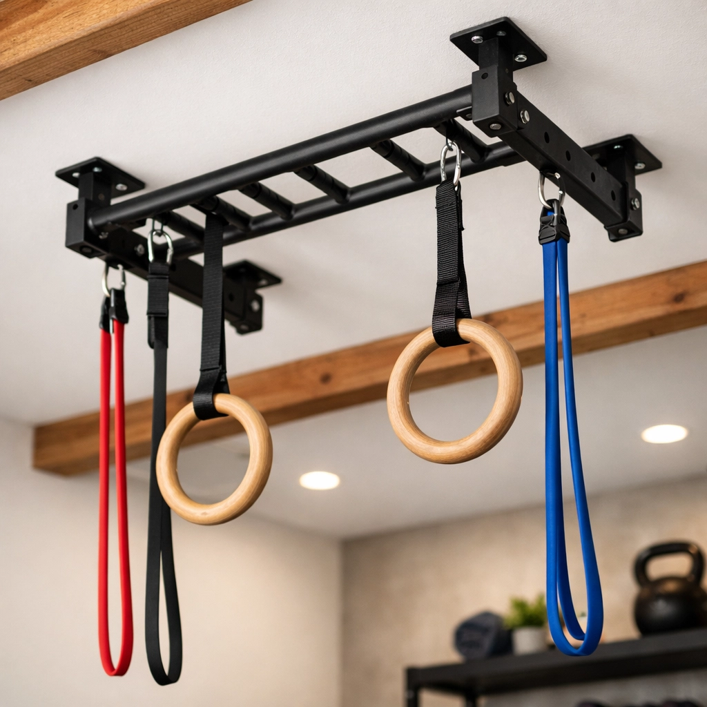 Ceiling-mounted pull-up bar with resistance bands and gymnastic rings for home gym