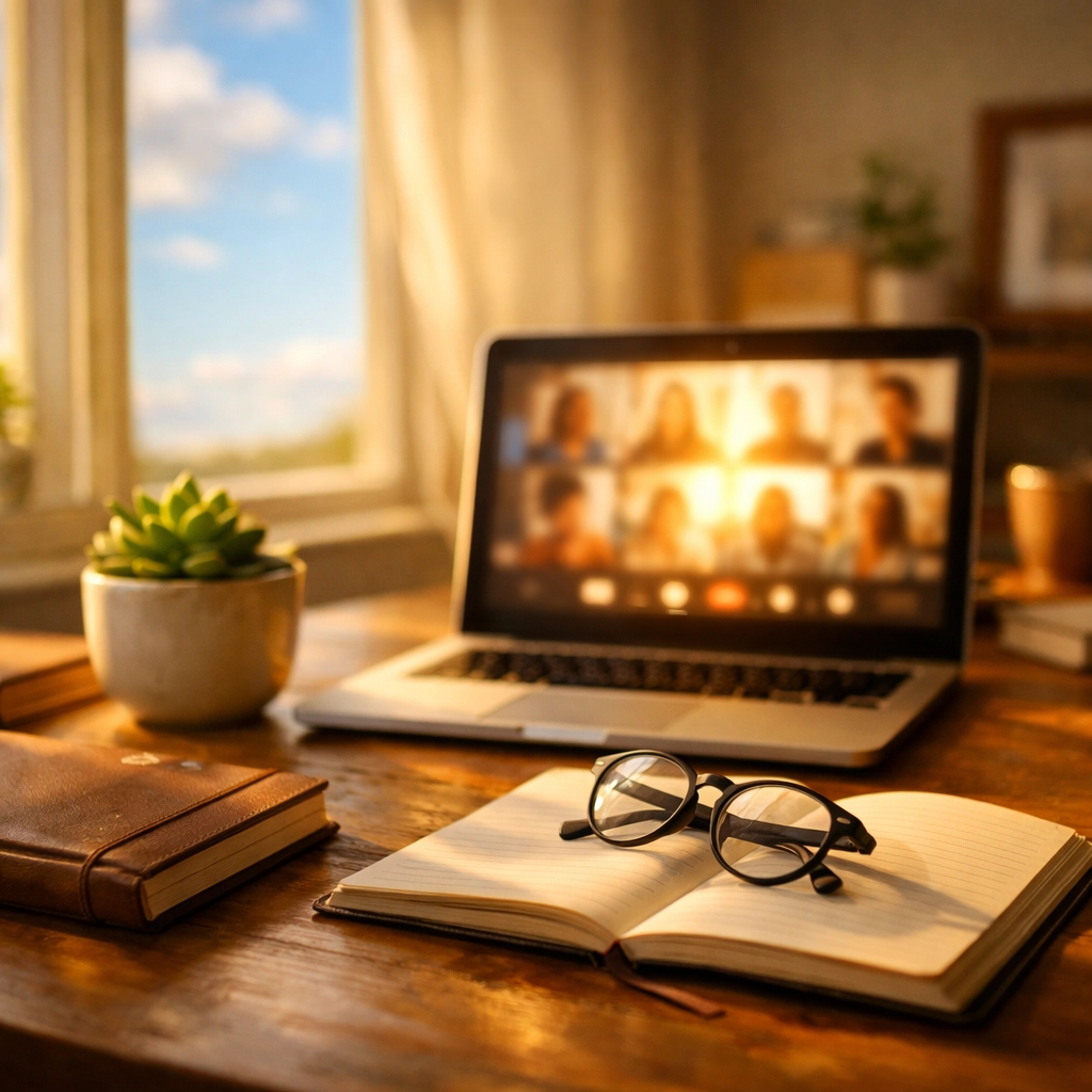 Home office setup with laptop for online church and digital faith community connection