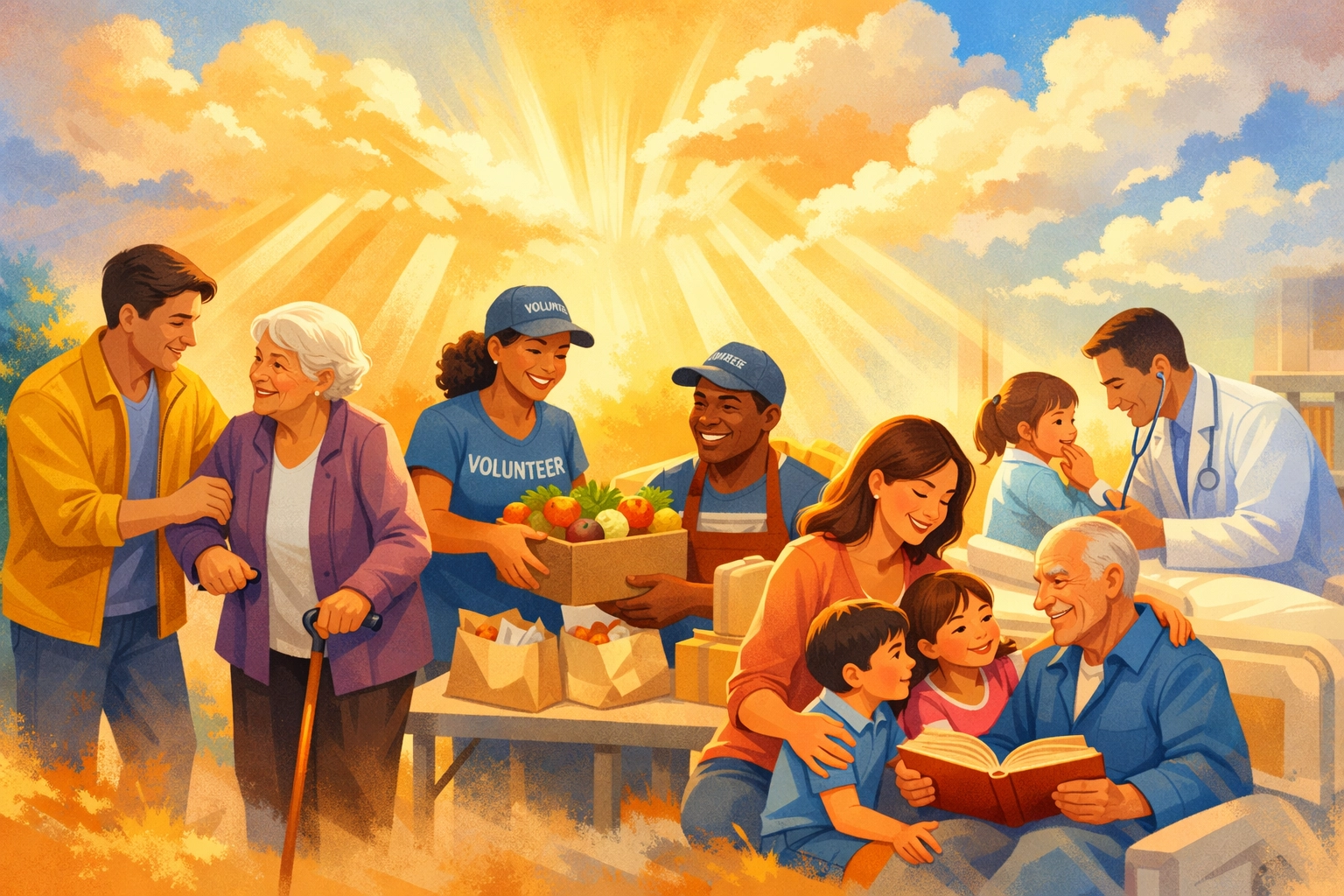 Diverse community members helping elderly, volunteers, and caring for others with hope