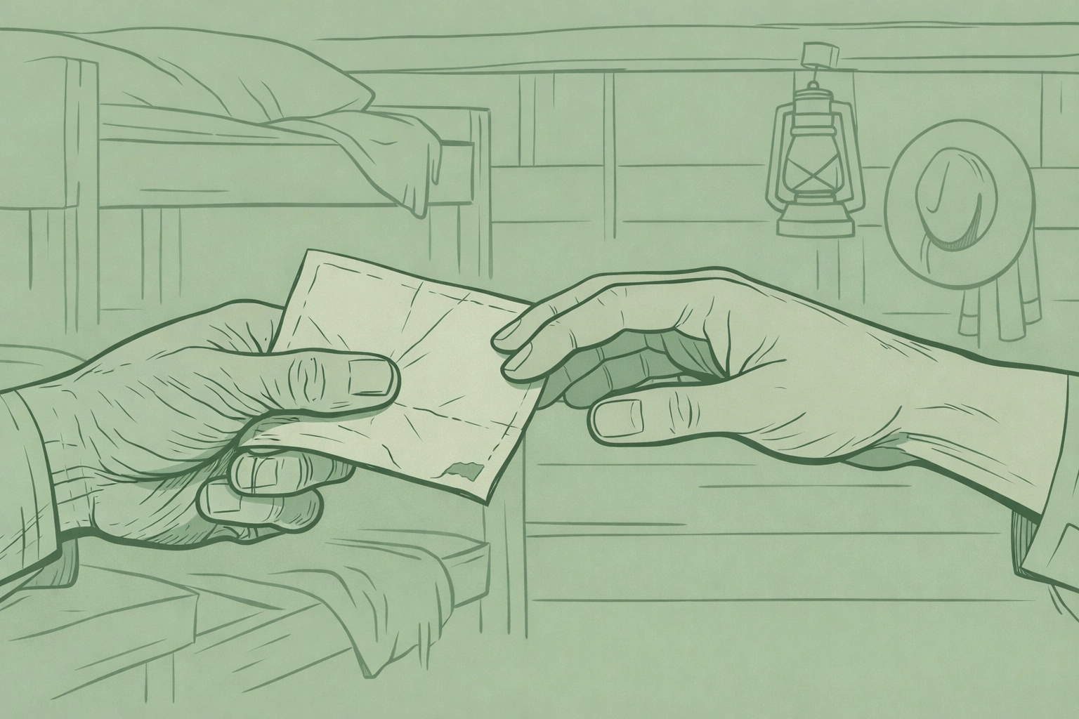 Close-up of two cowboys' hands touching intimately in rustic Western setting