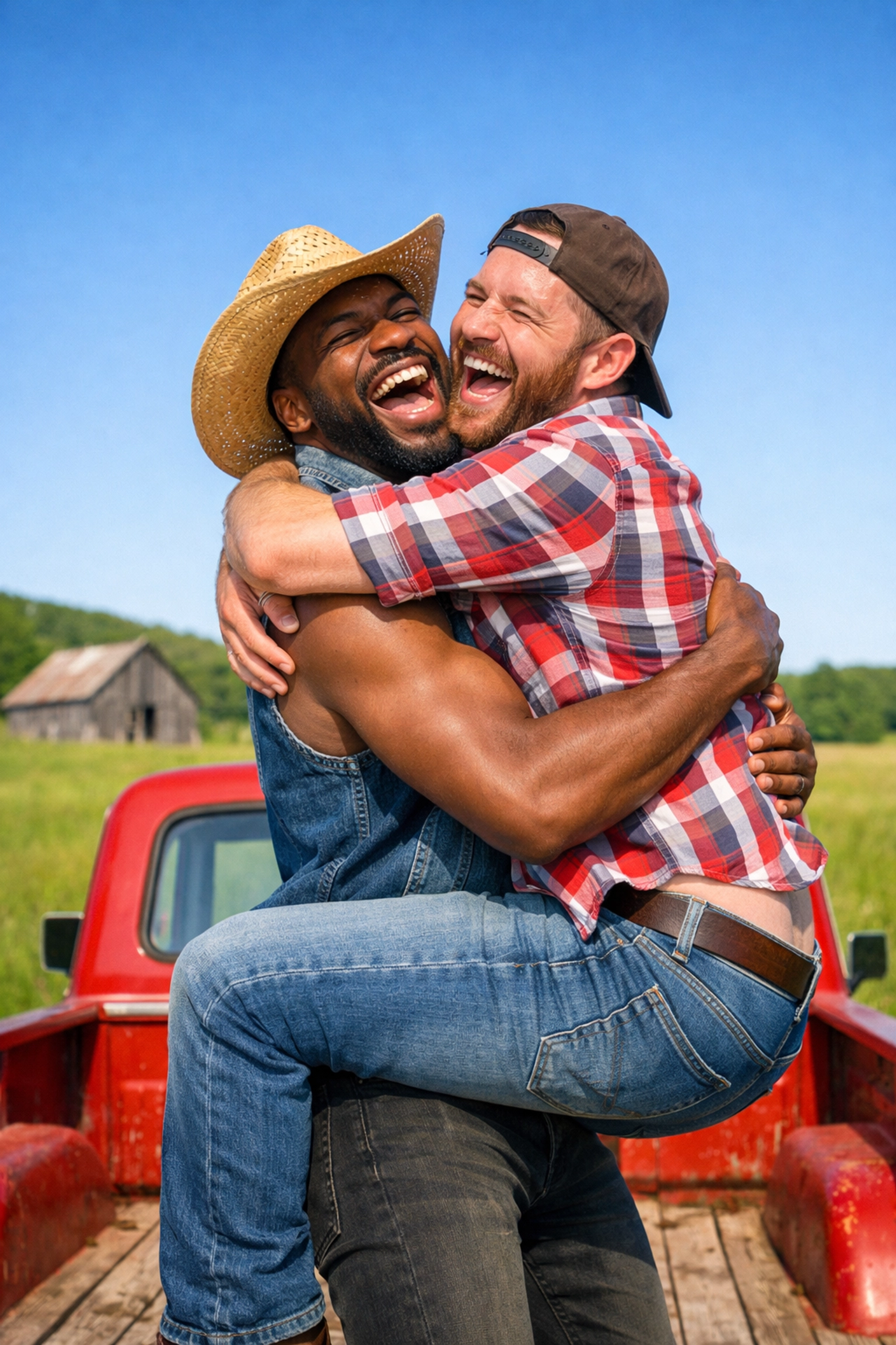 A joyful gay couple laughs and hugs in a vintage truck, celebrating love in a rural small-town setting.