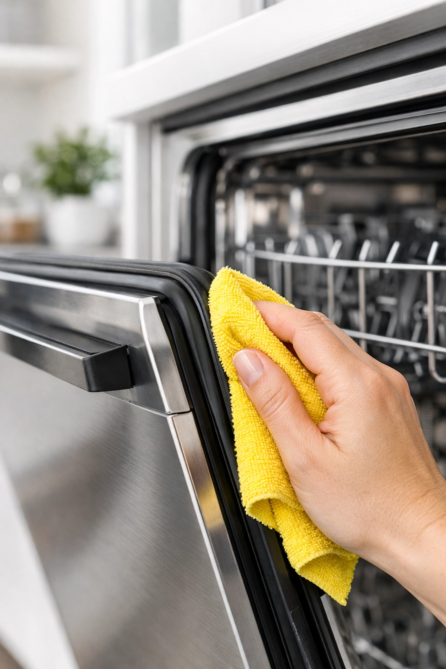 Wiping a dishwasher door gasket with a cloth to prevent mold and eliminate musty smells.