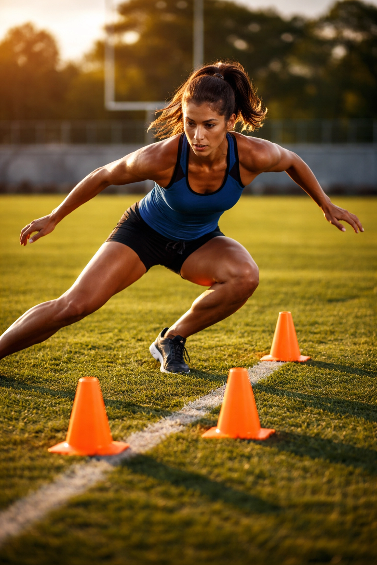 Female athlete performing T-Drill with sports cones on a grass field for agility training drills