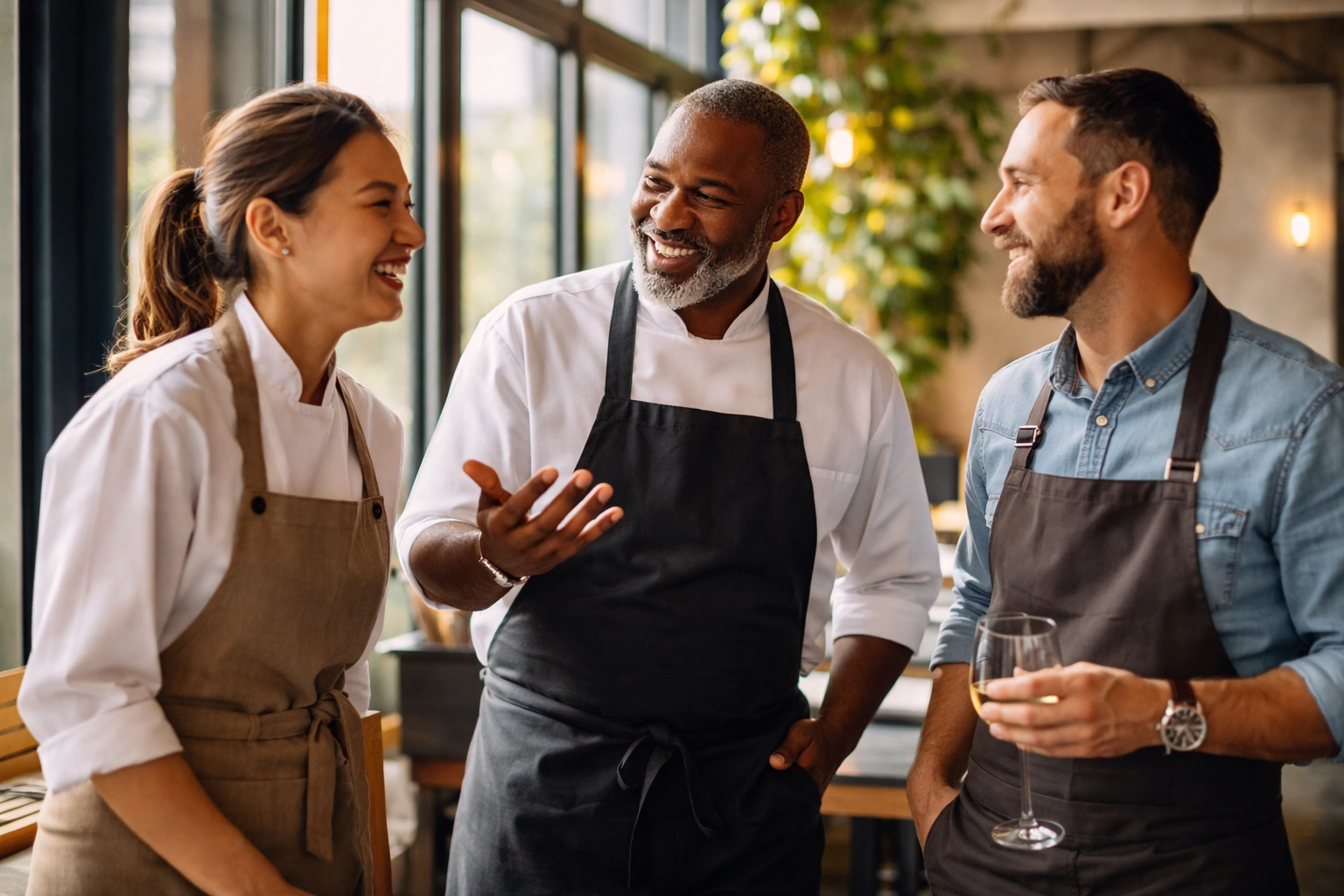 Restaurant professionals connecting at a culinary networking event, highlighting industry collaboration in the Bay Area.