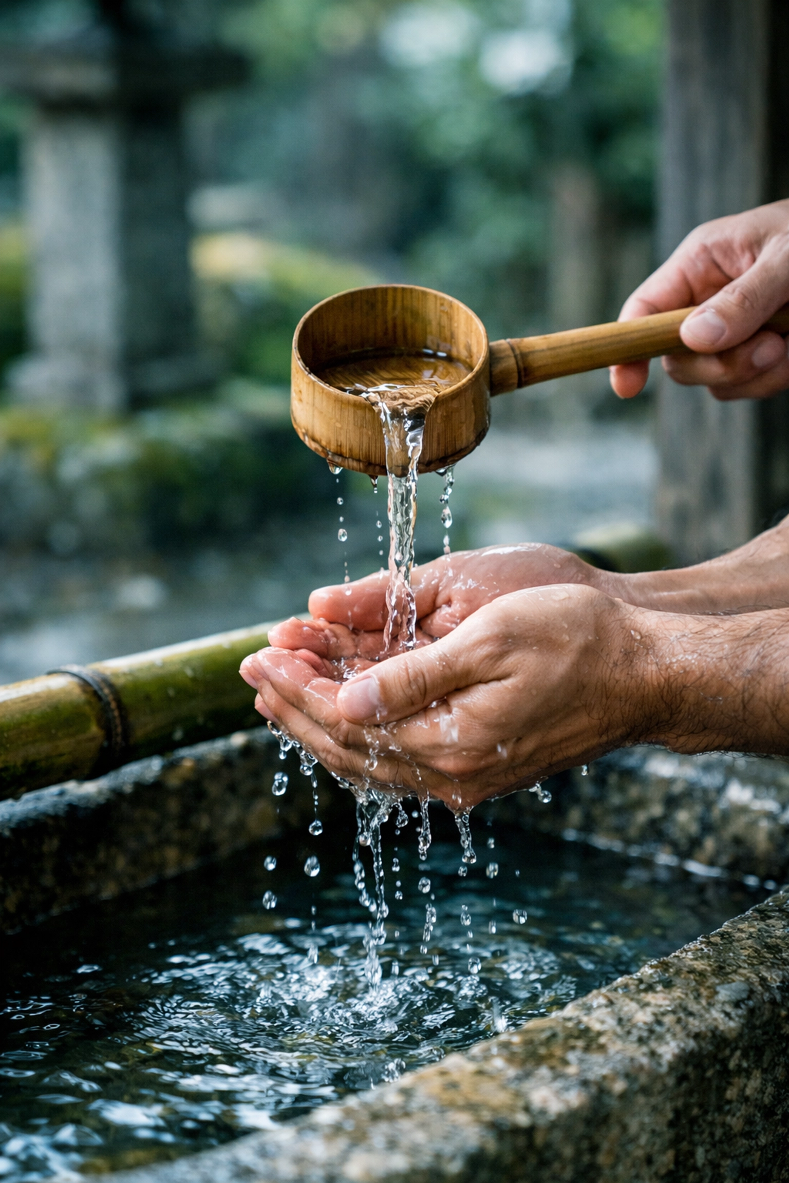 Ritual water purification at Shinto shrine chozuya during traditional Japanese wedding ceremony