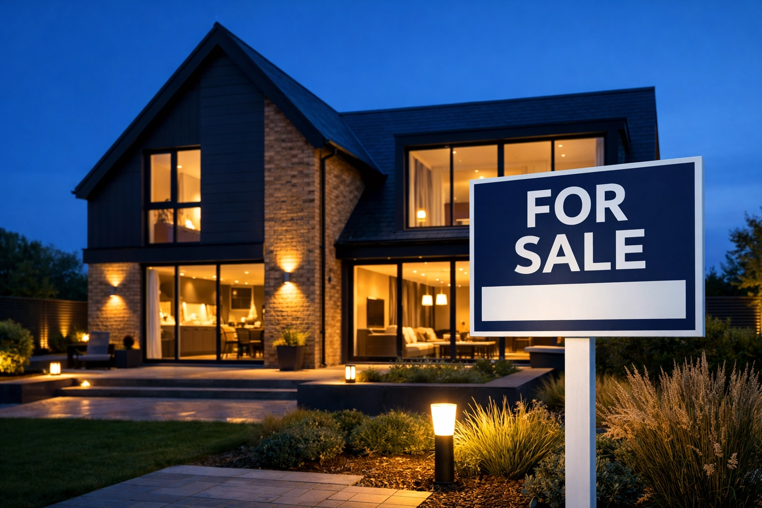 Modern British home with a high-end For Sale sign, symbolizing successful property instructions.