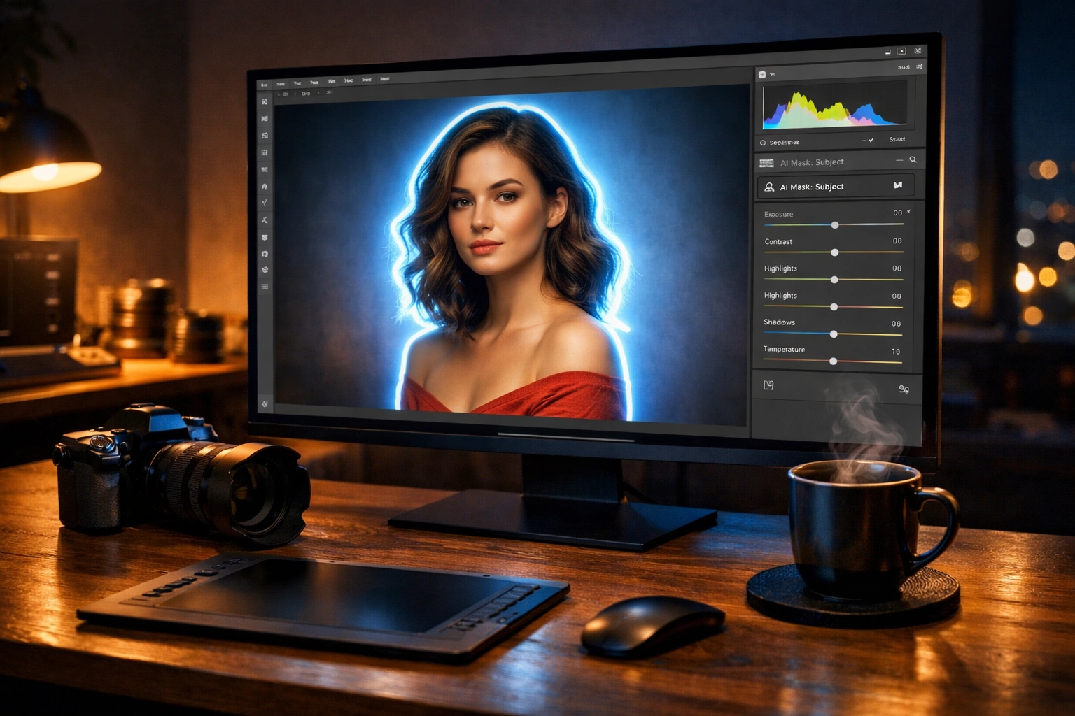 Professional using AI photo editing software on a monitor, a key shift in modern photography news trends.