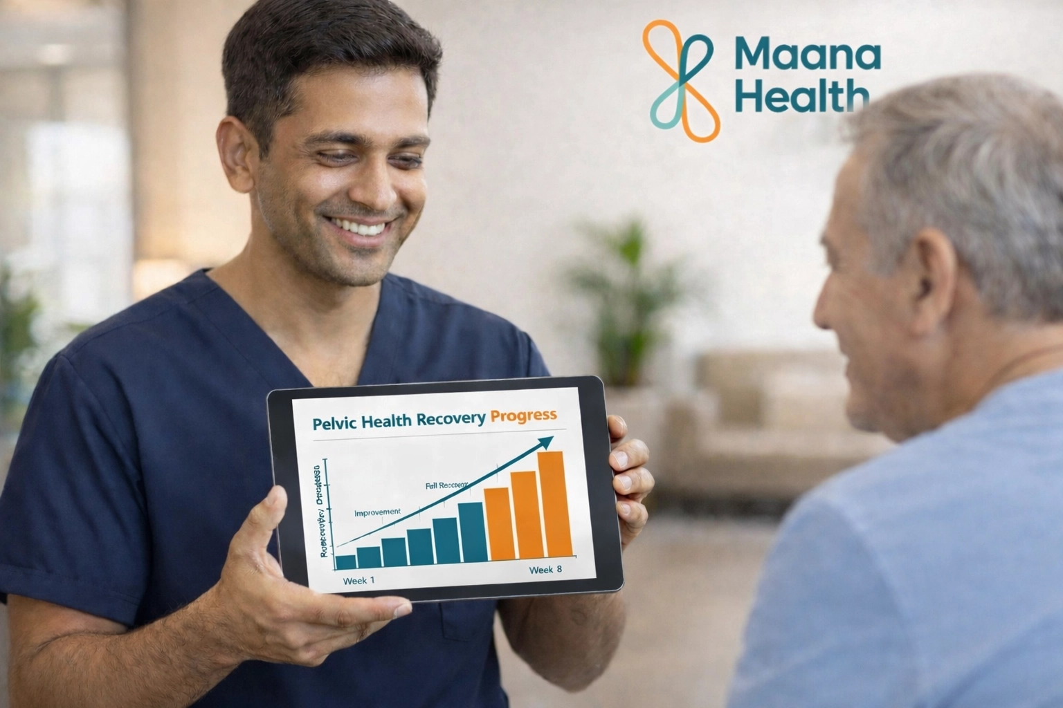 Physiotherapist showing a patient their pelvic health recovery progress chart in a Kochi clinic.