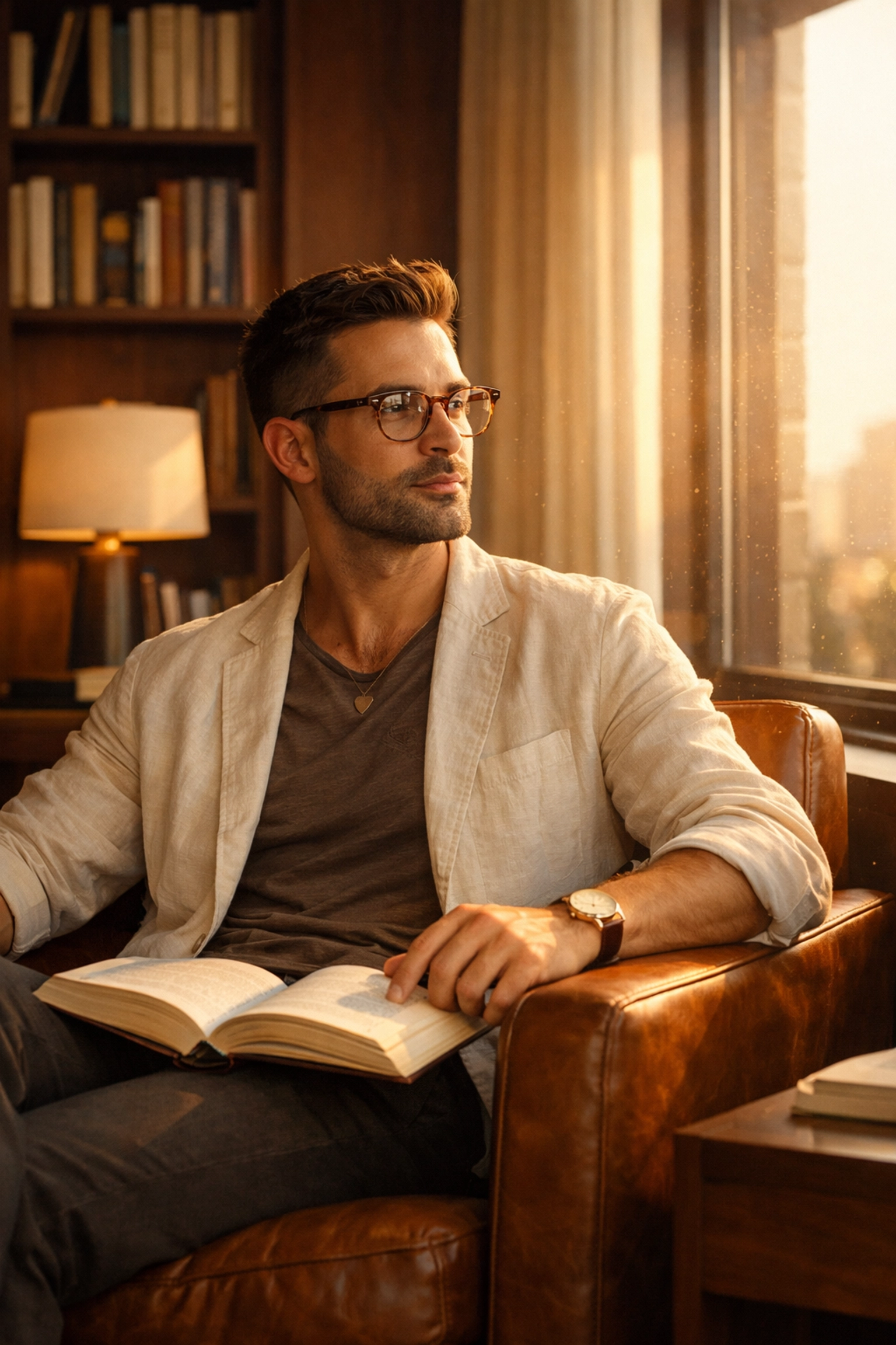 Gay man reading in a modern library, reflecting on queer philosophy and identity.