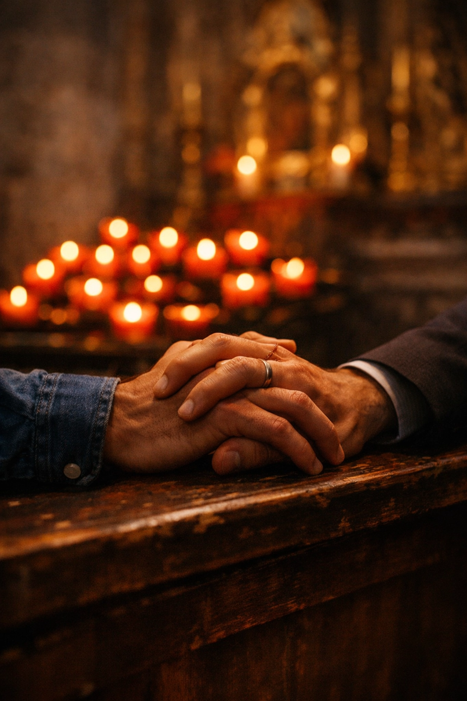 Close-up of two men’s hands intertwined in a candlelit chapel, representing a divine gay love story.
