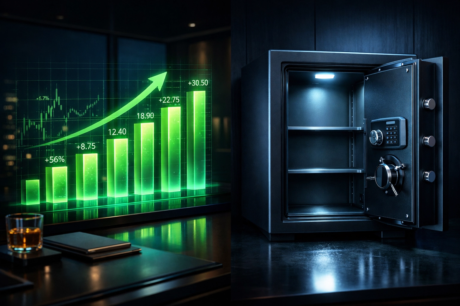 Digital profit charts next to an empty safe illustrating why businesses need an unsecured working capital loan.