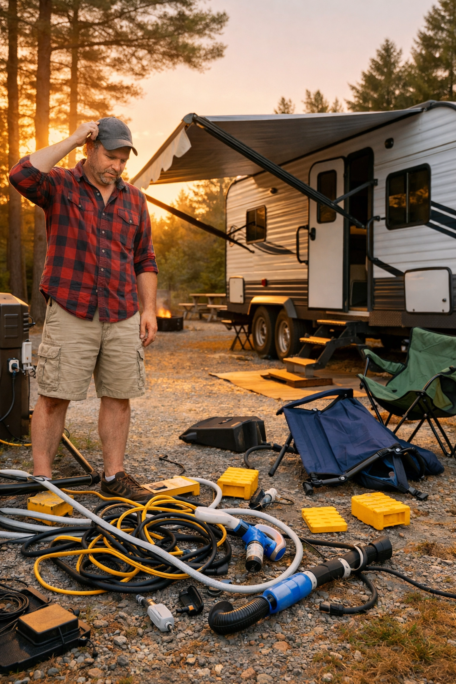 First-time RV camper learning travel trailer setup at campsite with scattered equipment and gear