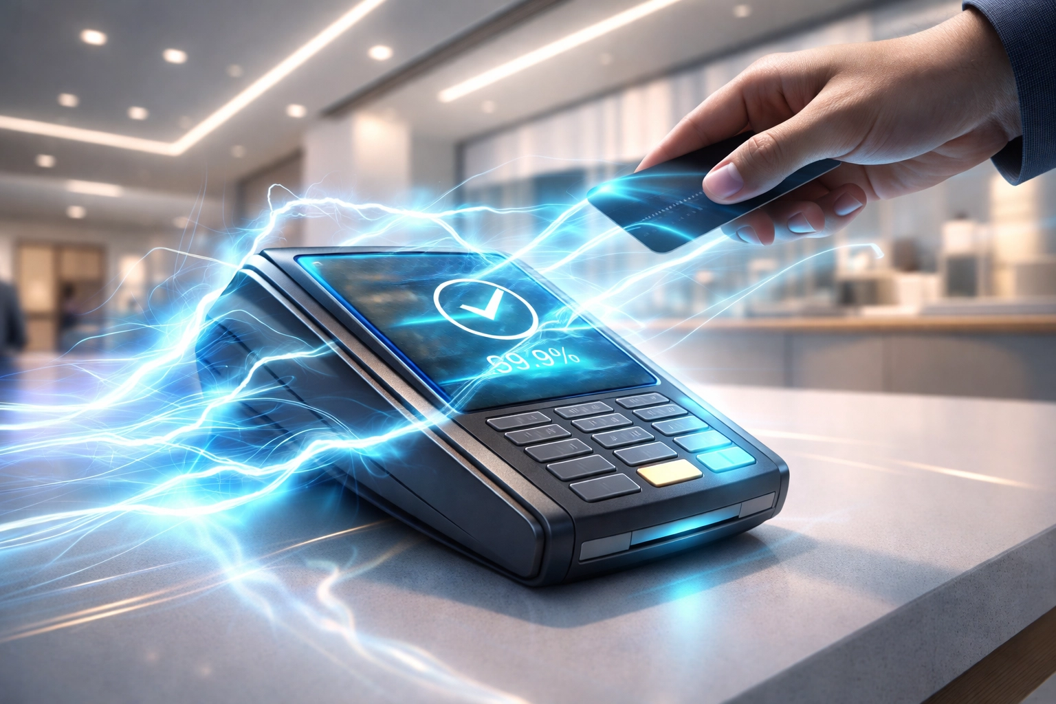 Futuristic crypto point-of-sale terminal illustrating near-instant transaction processing and fast merchant payments