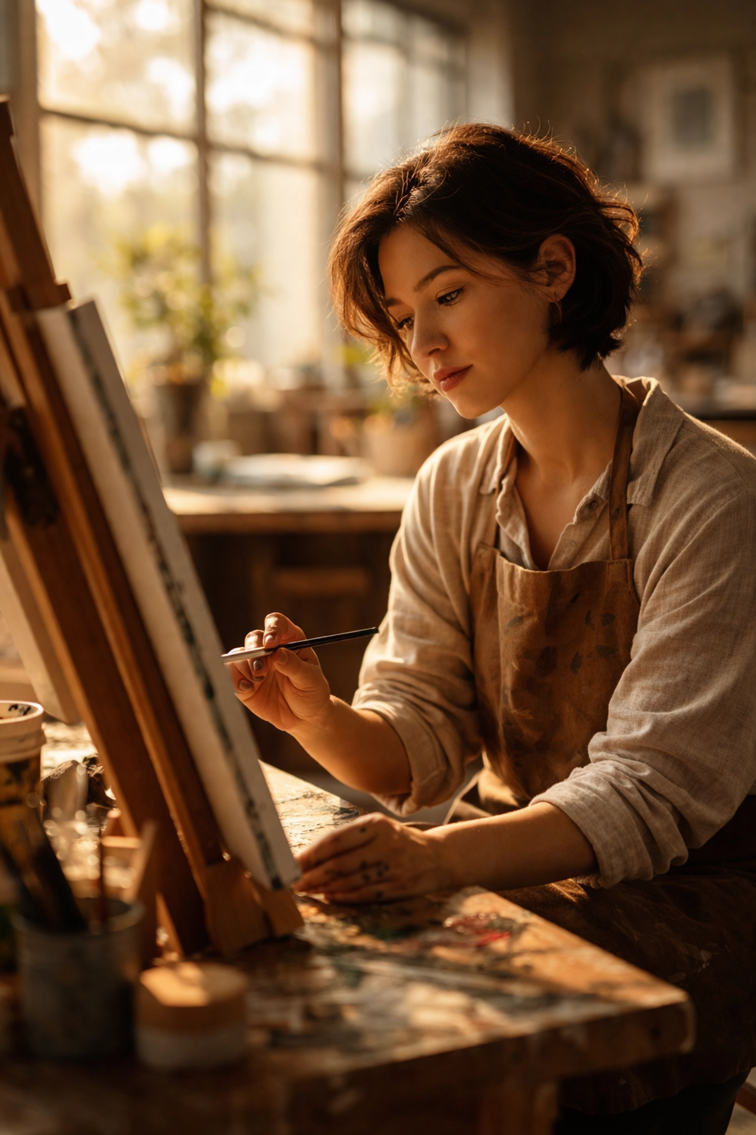 Employee focused on painting during a creative workshop, practicing personal reflection and mindfulness