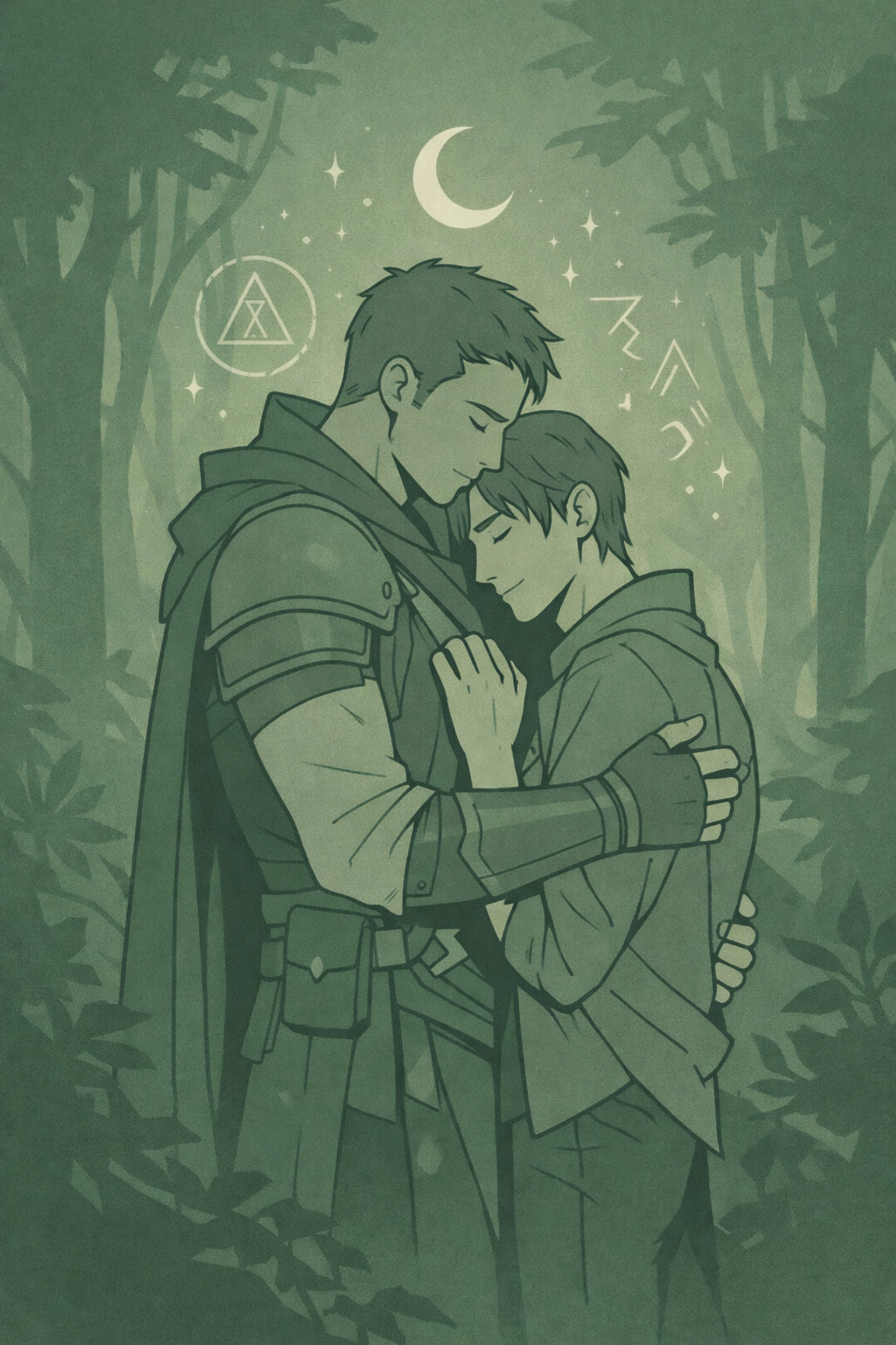 MM fantasy couple embraces in mystical forest - gay romance with magic