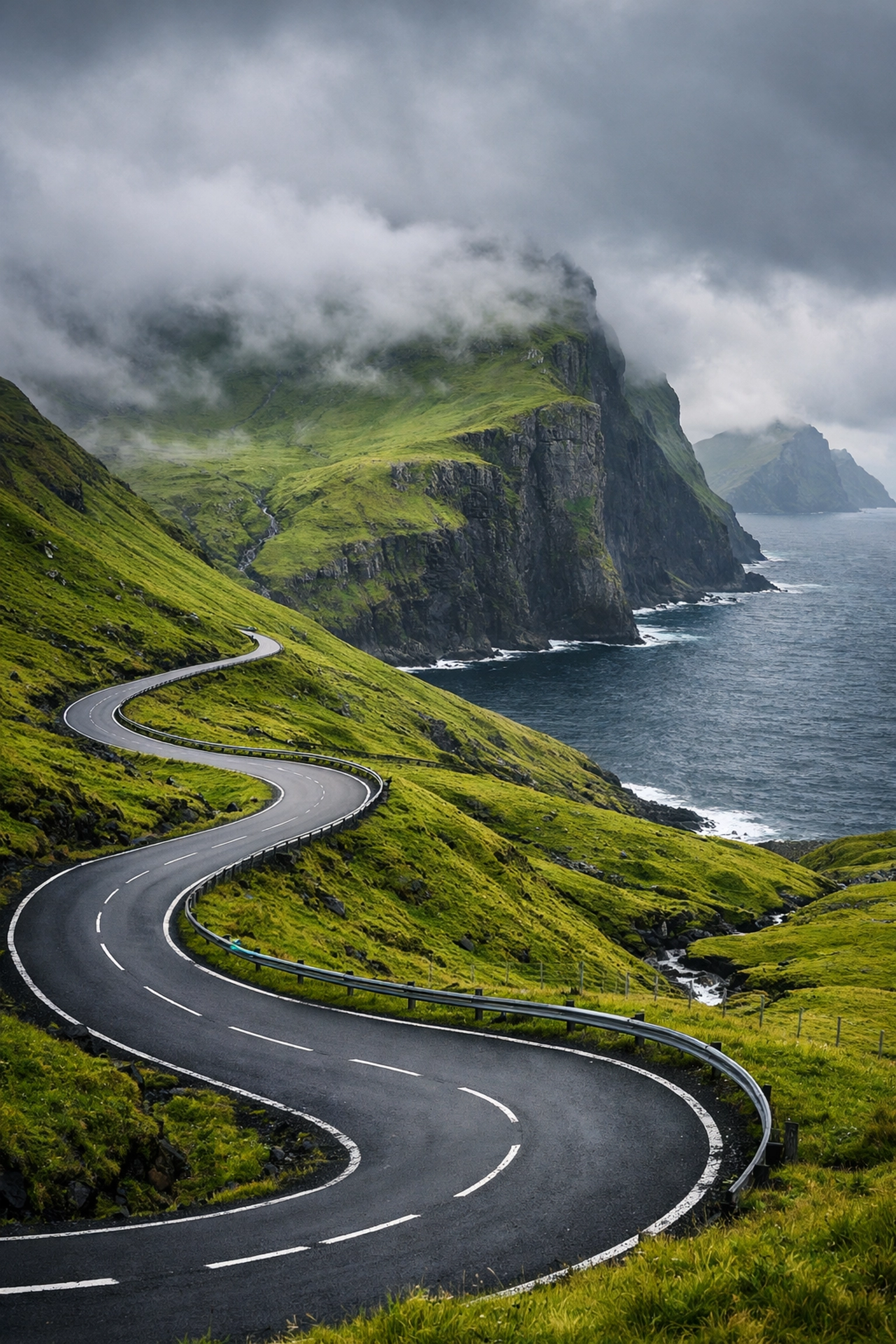 Winding road in the Faroe Islands demonstrating leading lines at one of the best photography locations.