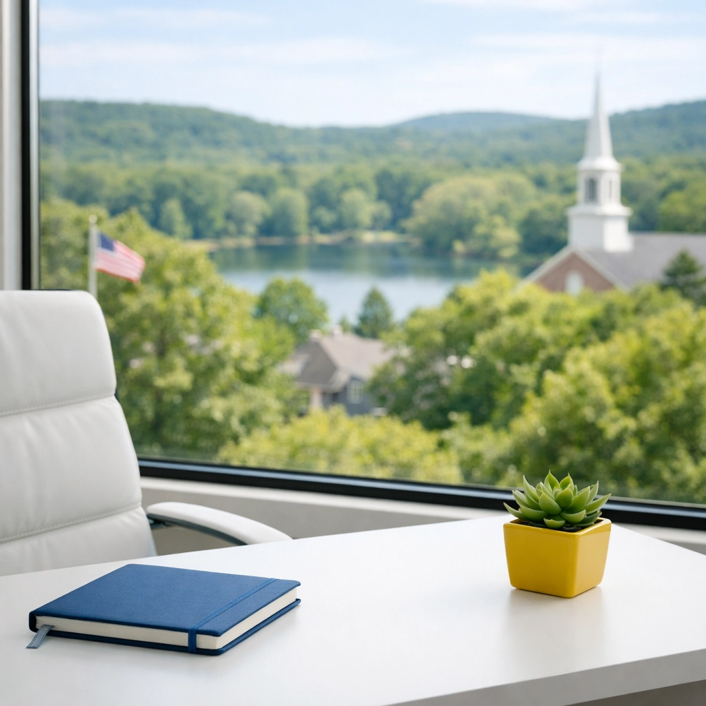Clean modern office desk with a view of Stoneham greenery, showing local commercial cleaning quality.