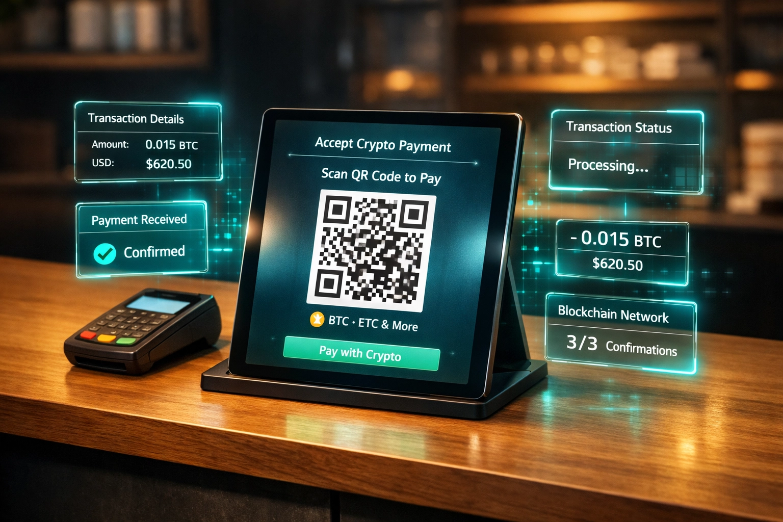 Crypto POS system tablet displaying QR code payment interface for merchant transactions