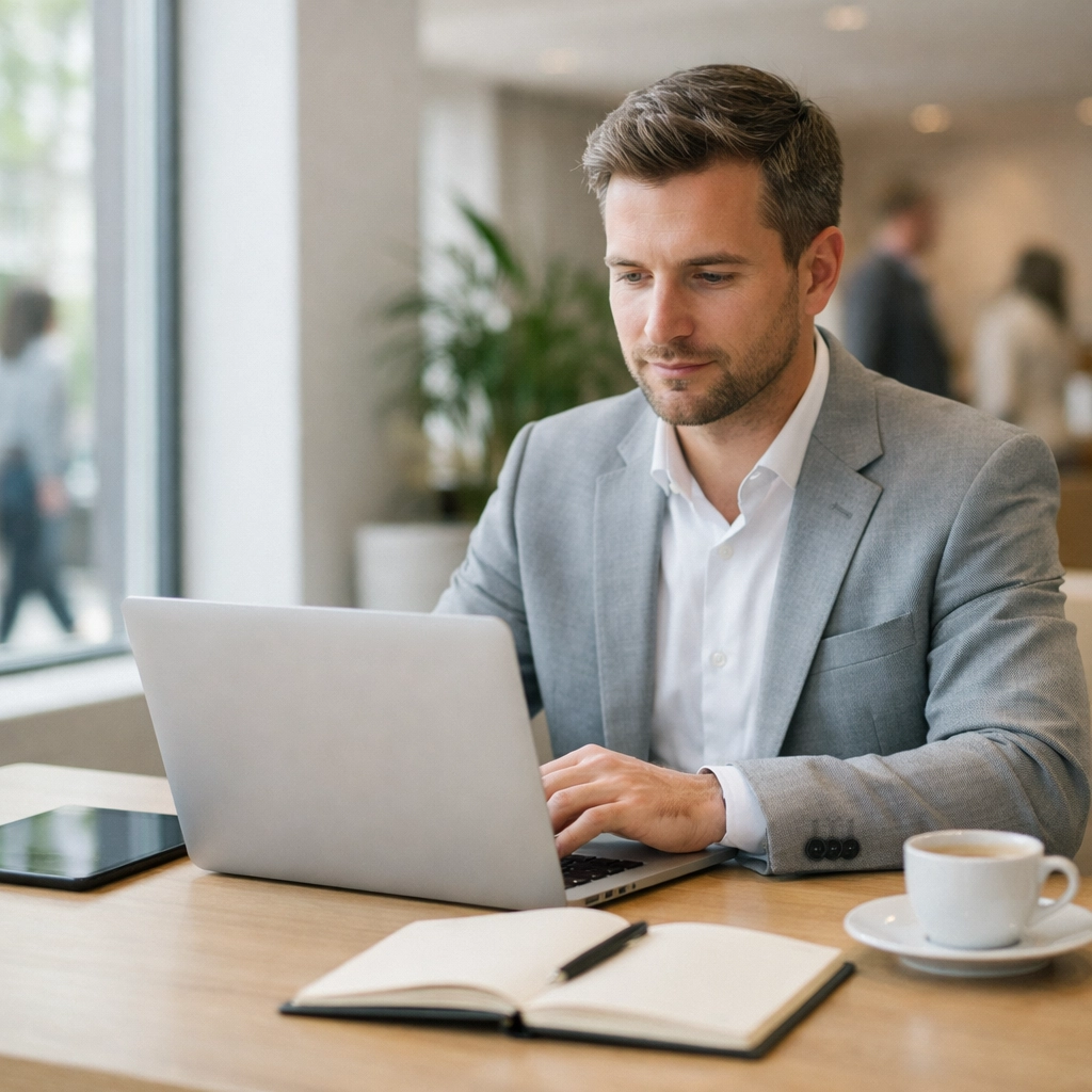 Hotel manager using cloud-based management software on a laptop to automate daily administrative tasks.